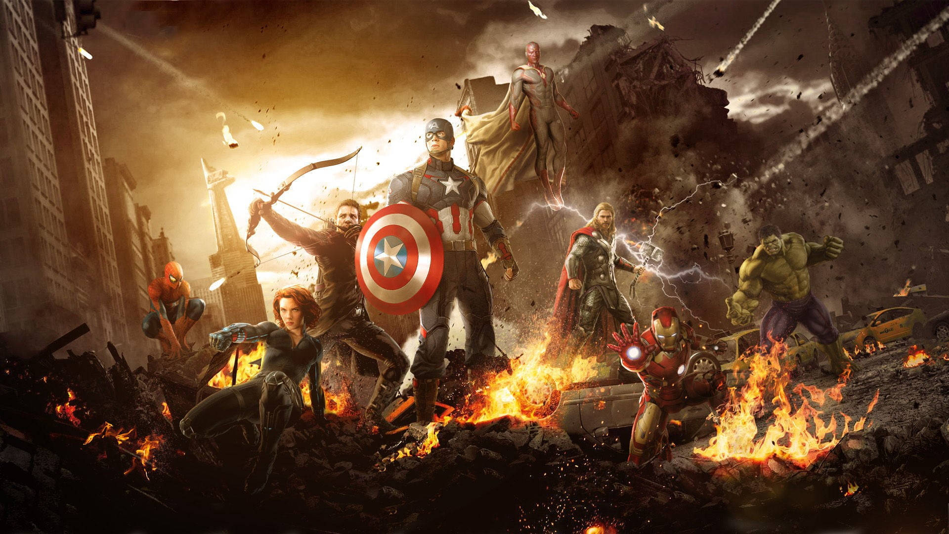 Marvel Avengers 桌布 壁紙 — 復仇者聯盟的英雄們在戲劇性的天空下，在充滿爆炸和瓦礫的燃燒城市景觀中挑釁地站立。