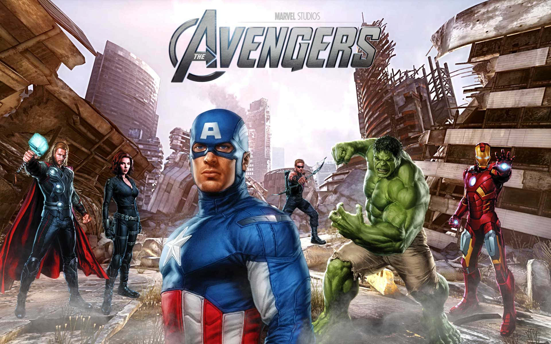 New Avengers 桌布 壁紙 — 復仇者聯盟的英雄們在破碎的城市景觀中屹立不搖，身後是瓦礫和破損的摩天大樓。