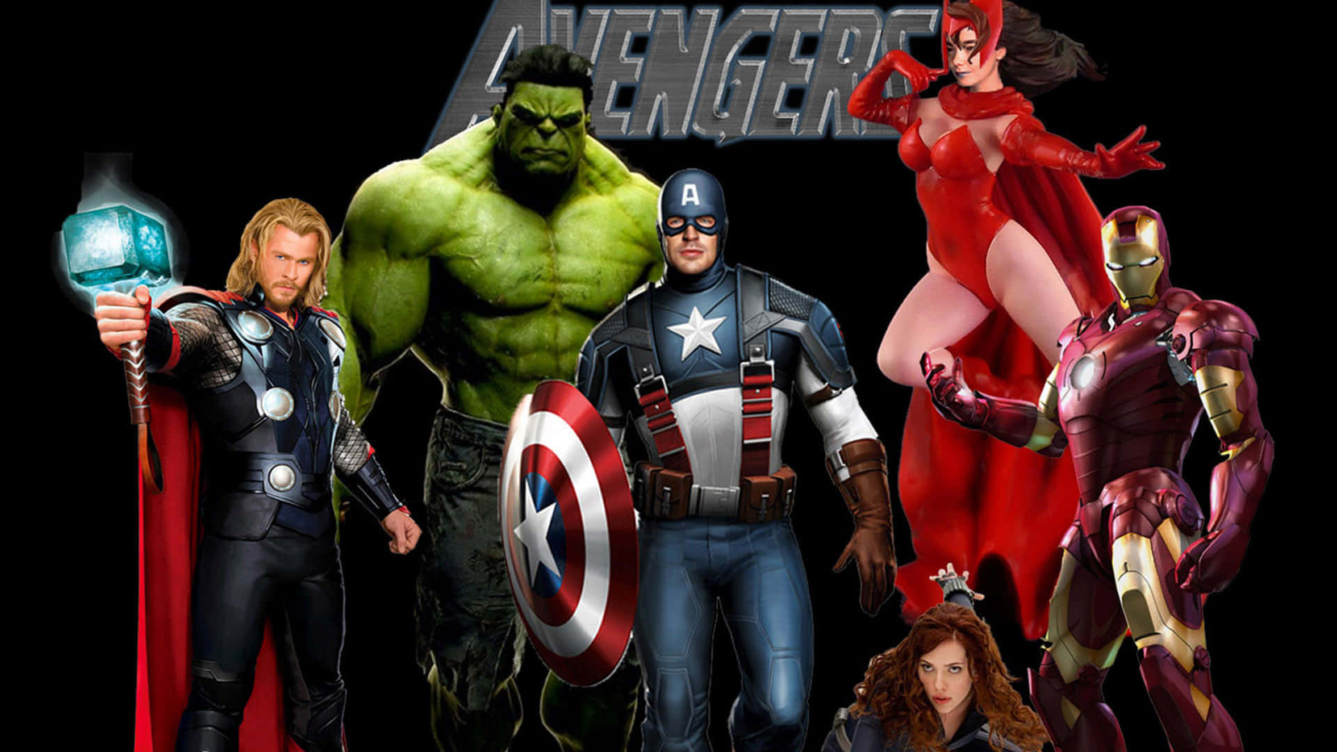 New Avengers 桌布 壁紙 — 復仇者聯盟的超級英雄們在黑色背景前，手持發光武器，身穿標誌性服裝，英勇地擺出姿勢。