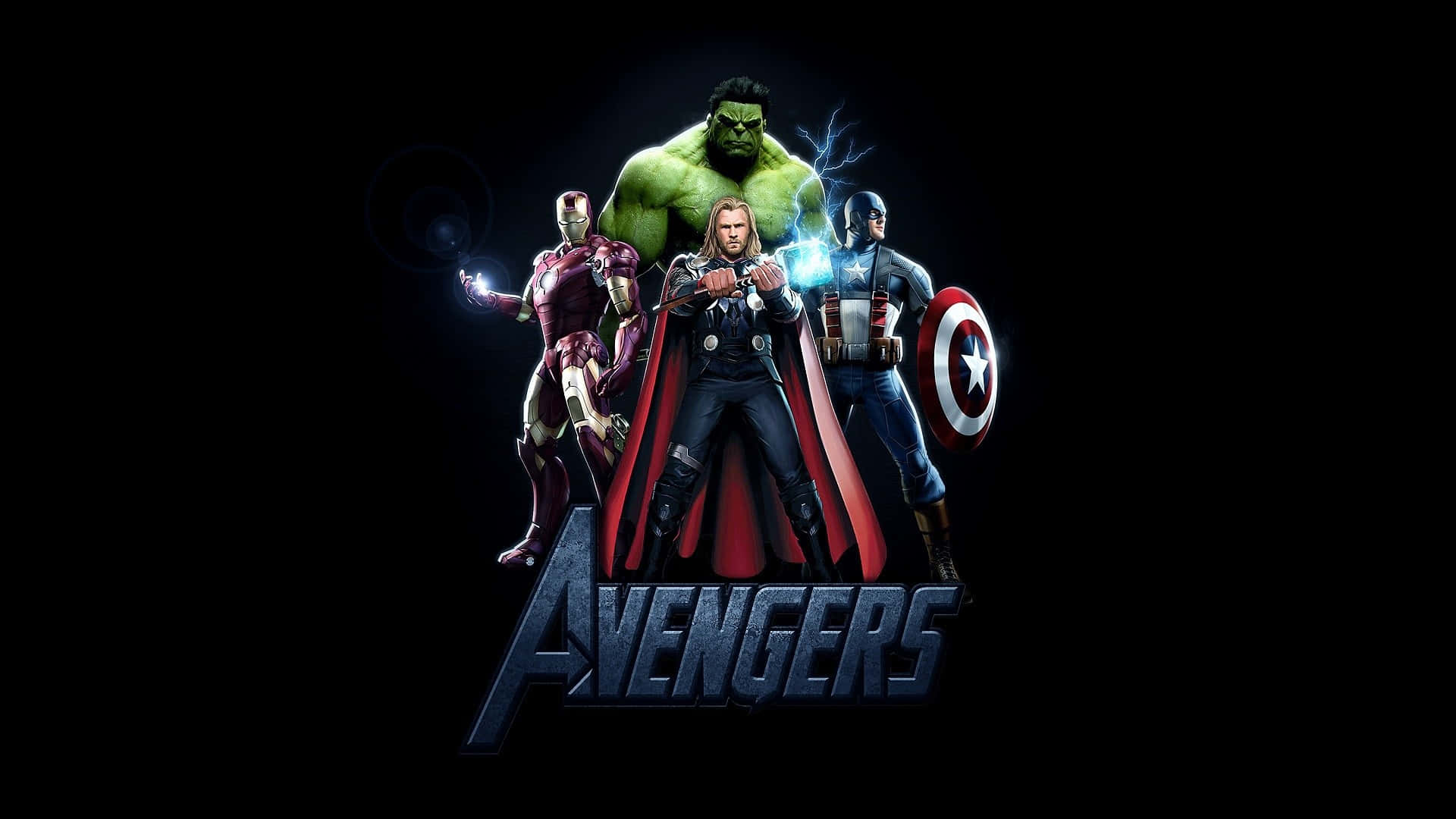 New Avengers 桌布 壁紙 — 復仇者聯盟的超級英雄在黑色背景上英勇站立，帶有發光效果和下方的復仇者聯盟標誌。
