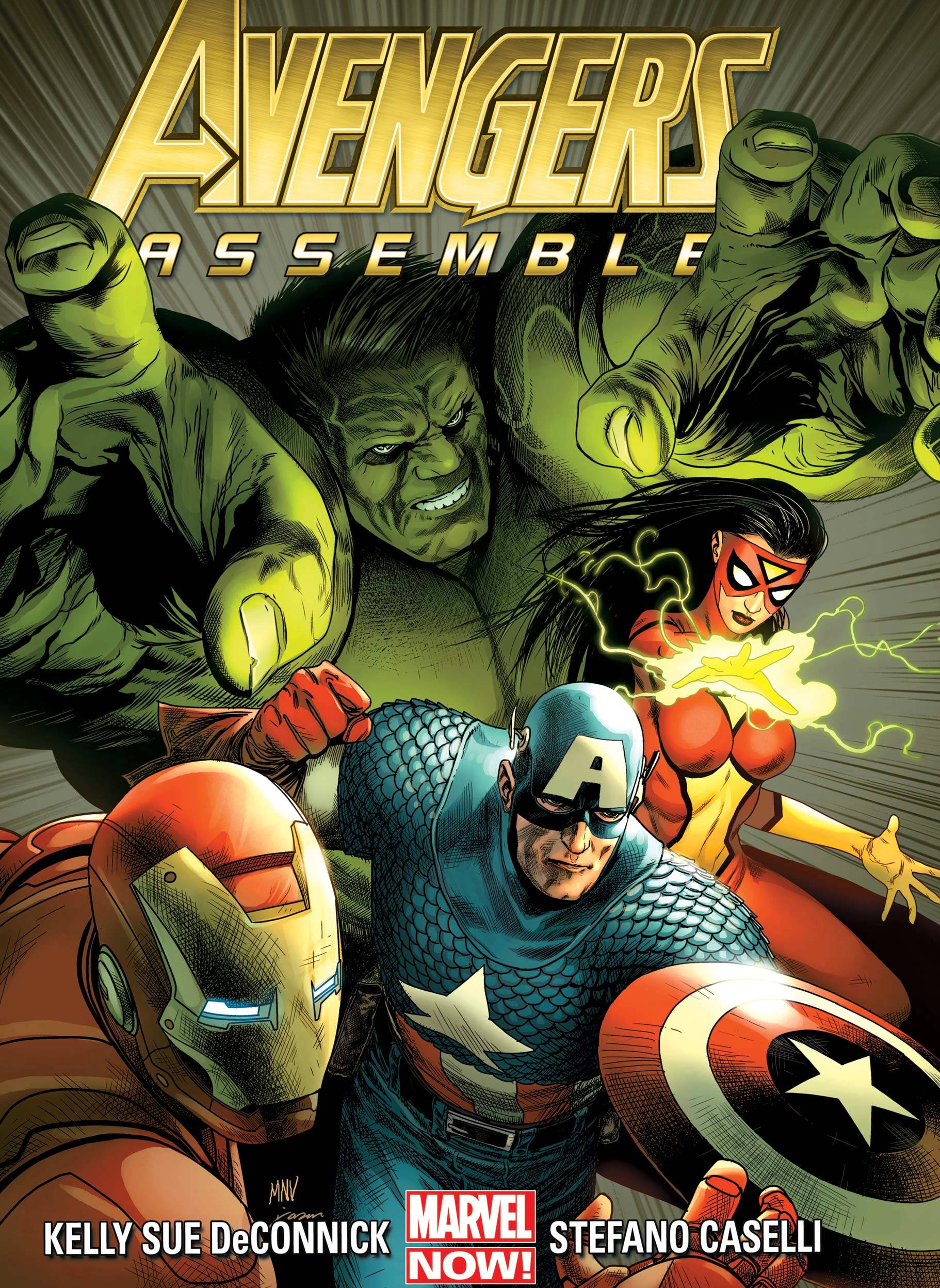 Assemble 桌布 壁紙 — 復仇者聯盟與浩克、索爾、美國隊長、鋼鐵人和緋紅女巫在動態漫畫動作中集結。