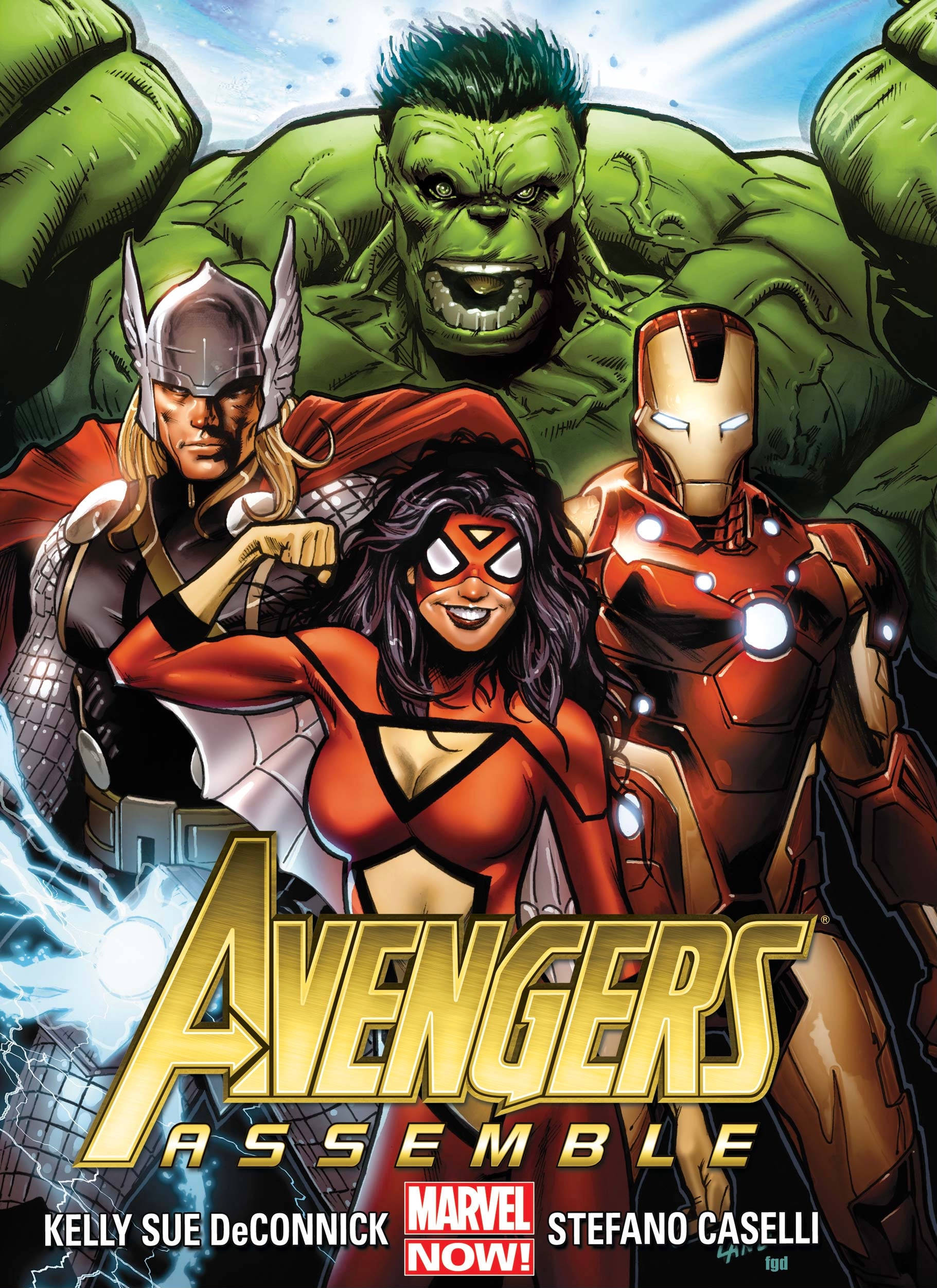 Assemble 桌布 壁紙 — 復仇者聯盟與浩克、索爾、驚奇女士和鋼鐵人以動感漫畫動作姿勢集結。