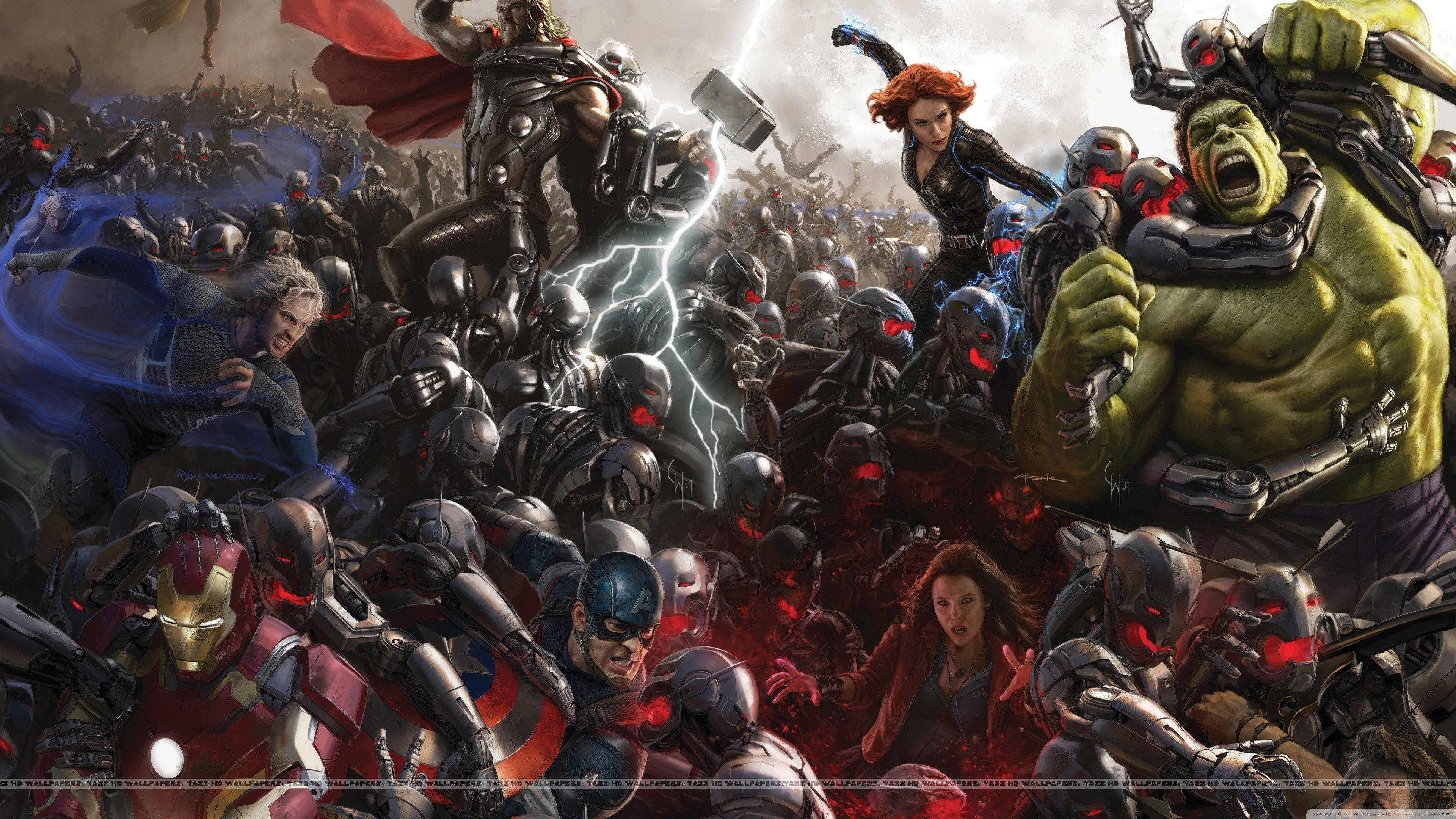 4K Marvel 壁紙 桌布 壁紙 — 復仇者聯盟與紅眼機械敵人大軍在混亂、爆炸性的超級英雄對決中戰鬥。