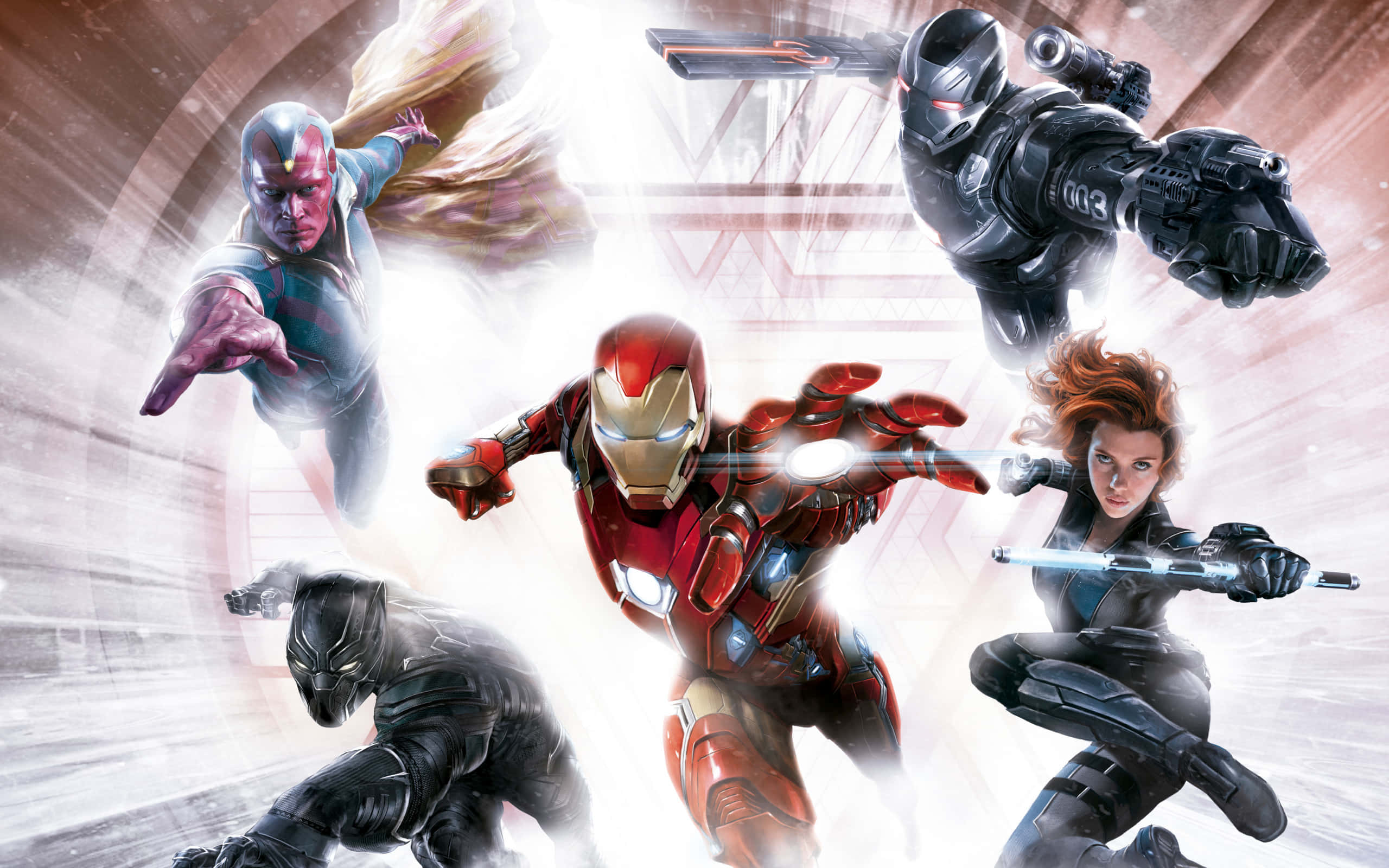Iron Man Movies 桌布 壁紙 — 復仇者聯盟英雄以動感動作姿勢，配以發光武器和能量效果，在明亮的抽象背景前。
