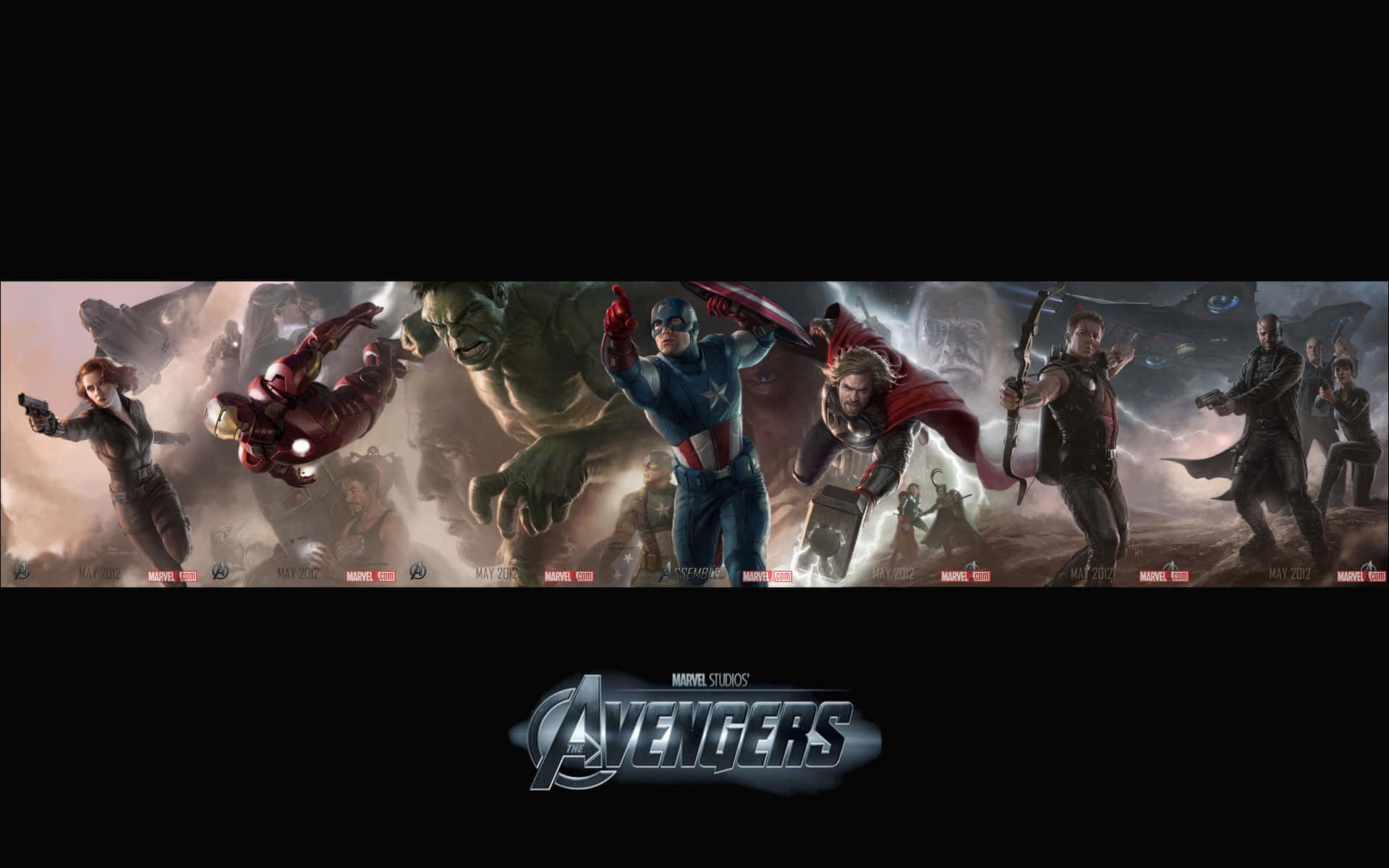 New Avengers 桌布 壁紙 — 復仇者聯盟英雄以動態戰鬥姿勢，背景為煙霧彌漫的戰場，下方有復仇者聯盟標誌。