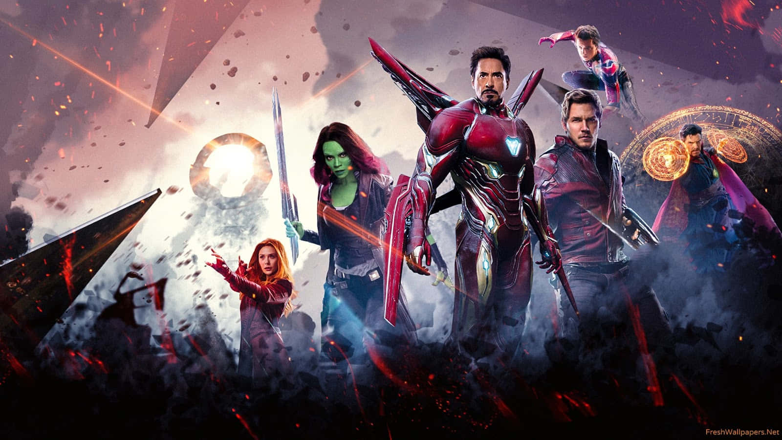 New Avengers 桌布 壁紙 — 復仇者聯盟英雄們在宇宙爆炸和發光能量效果中準備戰鬥。