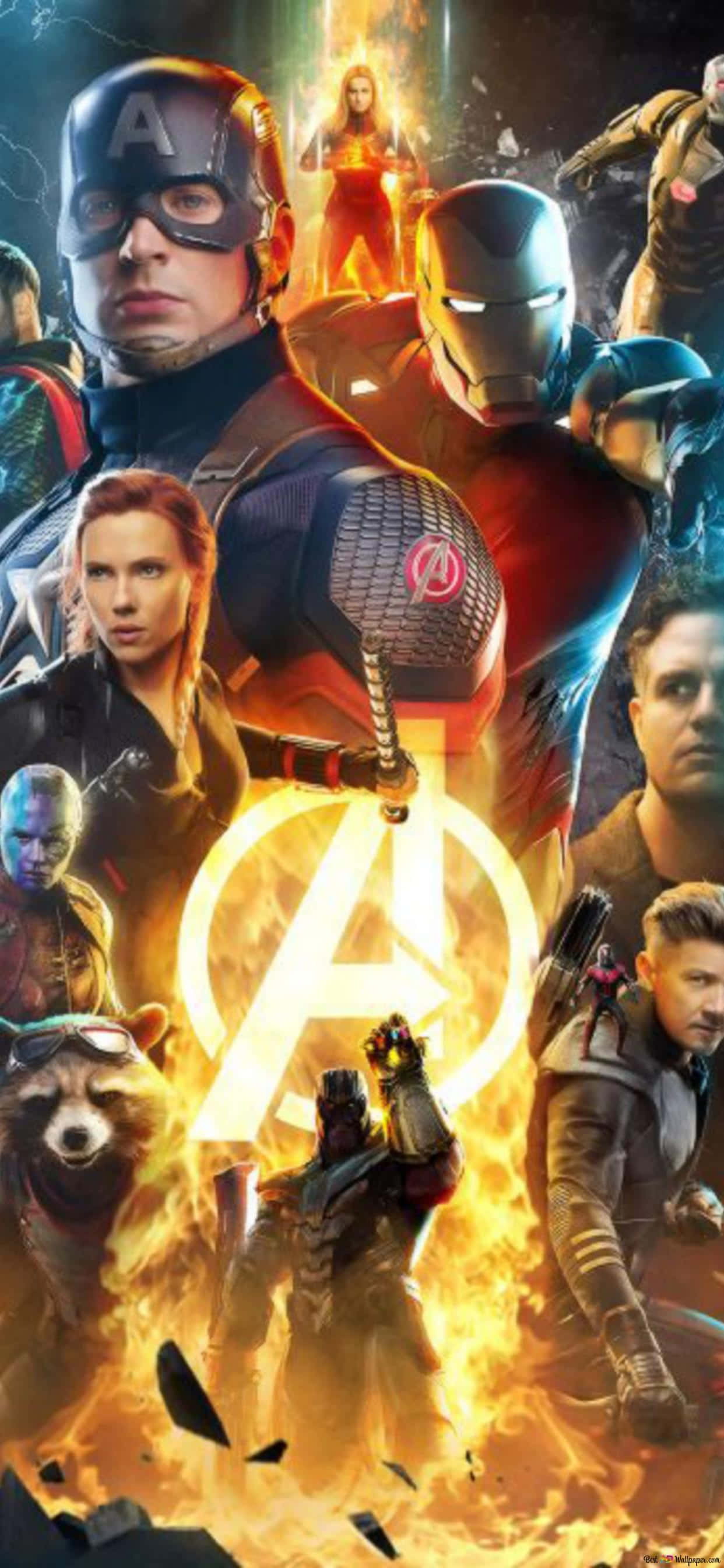 Avengers Endgame iPhone 桌布 壁紙 — 復仇者聯盟英雄們在熾熱混亂中屹立不搖，中央有發光標誌。
