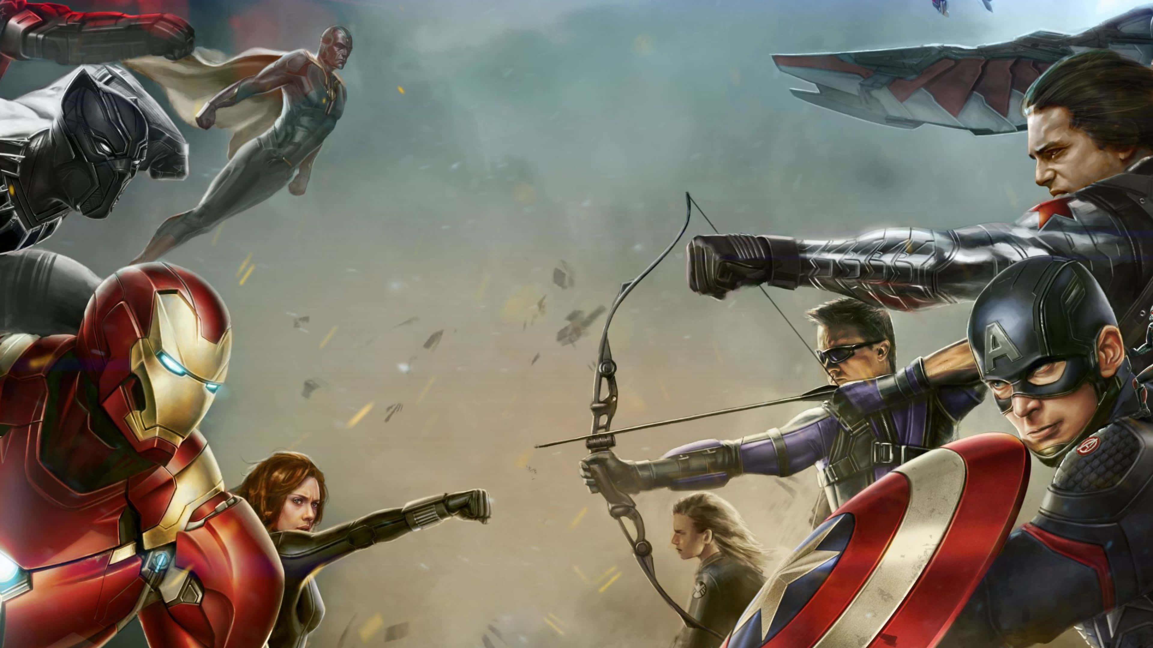4K Captain America 桌布 壁紙 — 復仇者聯盟英雄在動態戰鬥中，鋼鐵人、鷹眼和美國隊長在前景。