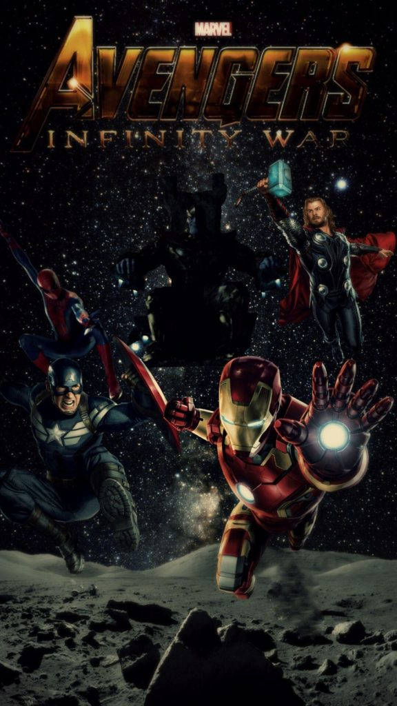 Avengers Phone 桌布 壁紙 — 復仇者聯盟英雄在太空戰鬥，鋼鐵人向前飛翔，索爾揮舞他的錘子，背景是宇宙。