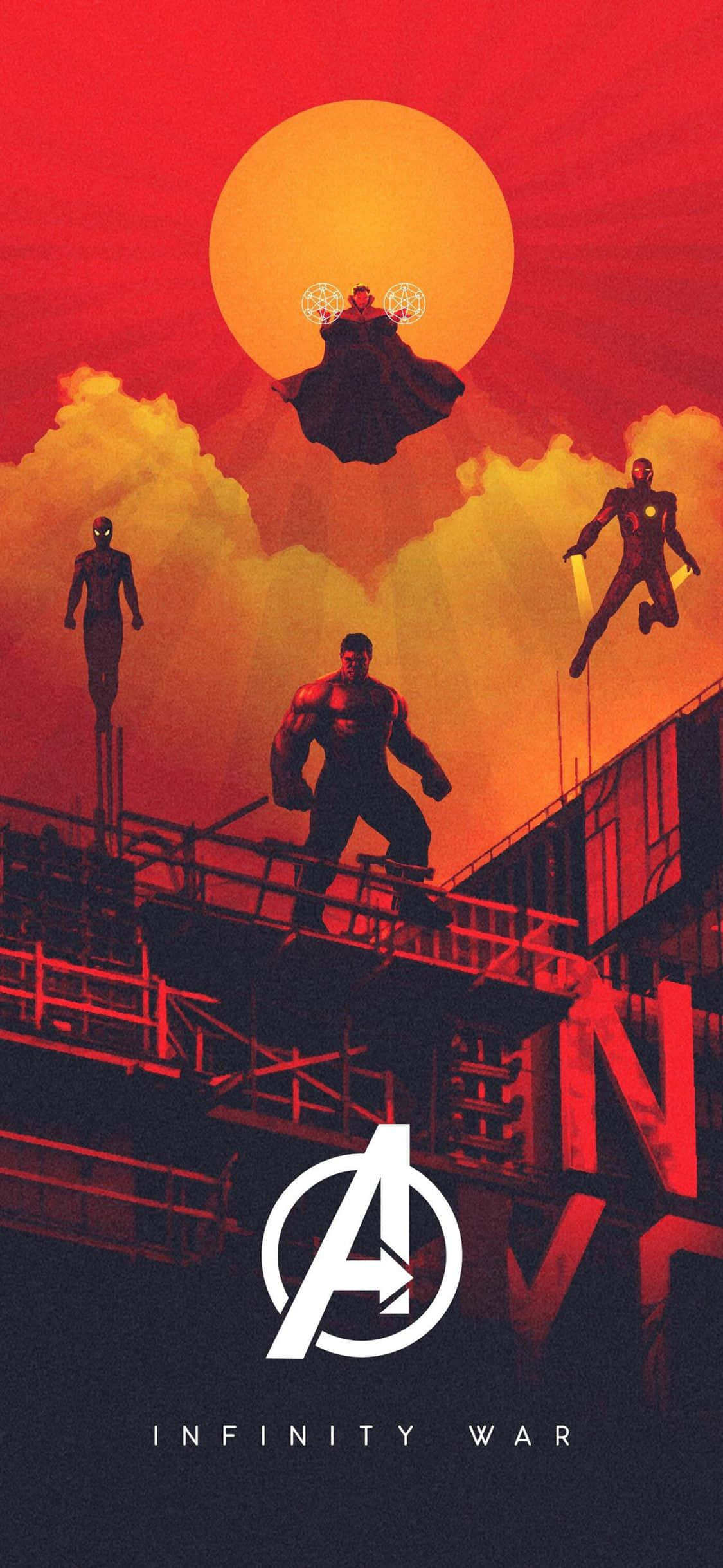 iPhone Xs Marvel's Avengers 桌布 壁紙 — 復仇者聯盟英雄站在廢墟城市景觀之上，下方是熾熱的紅色太陽，薩諾斯漂浮在上方。