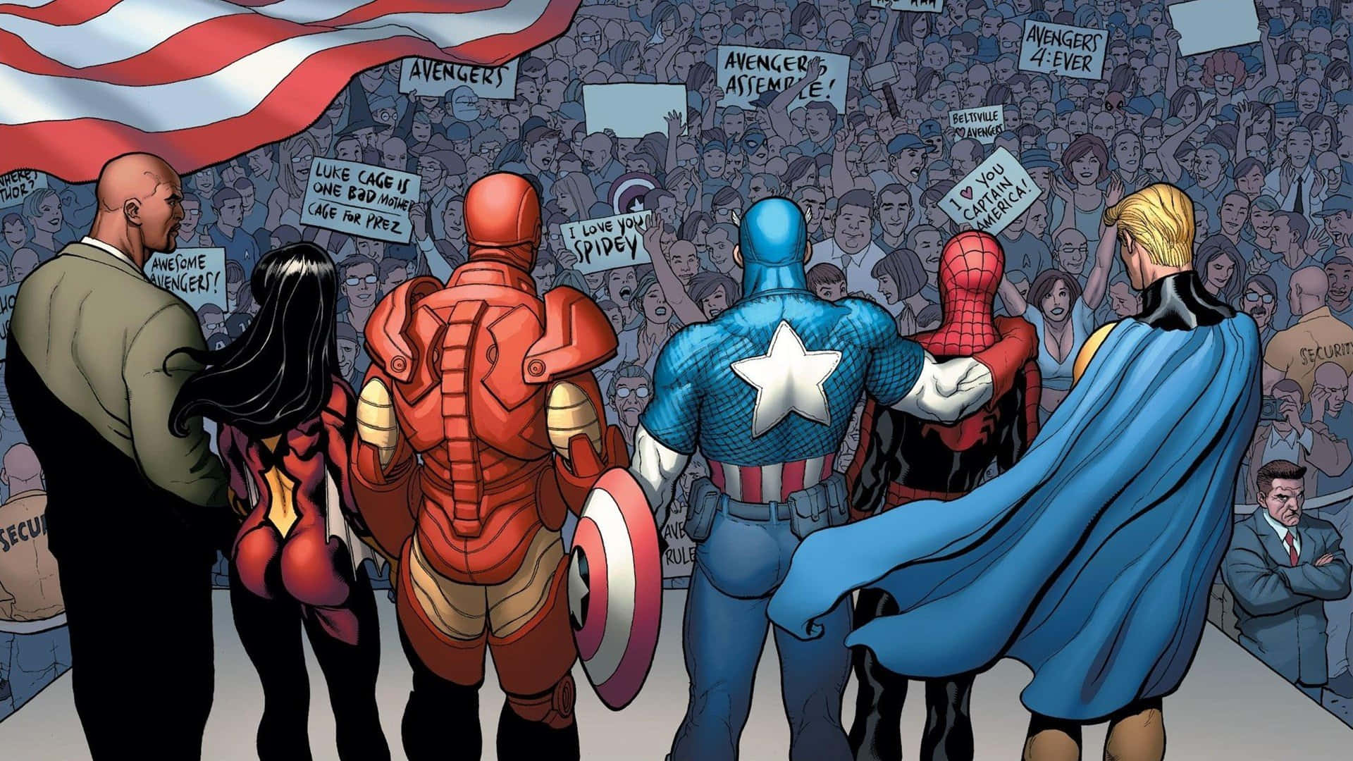 New Avengers 桌布 壁紙 — 復仇者聯盟英雄背對鏡頭，站在揮舞美國國旗下舉著標語牌的歡呼人群前。