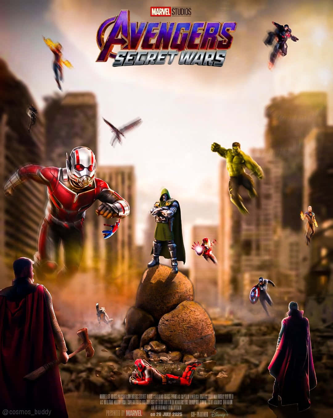 Secret Wars 桌布 壁紙 — 復仇者聯盟角色在煙霧瀰漫的天空下，於廢墟城市景觀中戰鬥，英雄們飛翔並站在瓦礫之間。