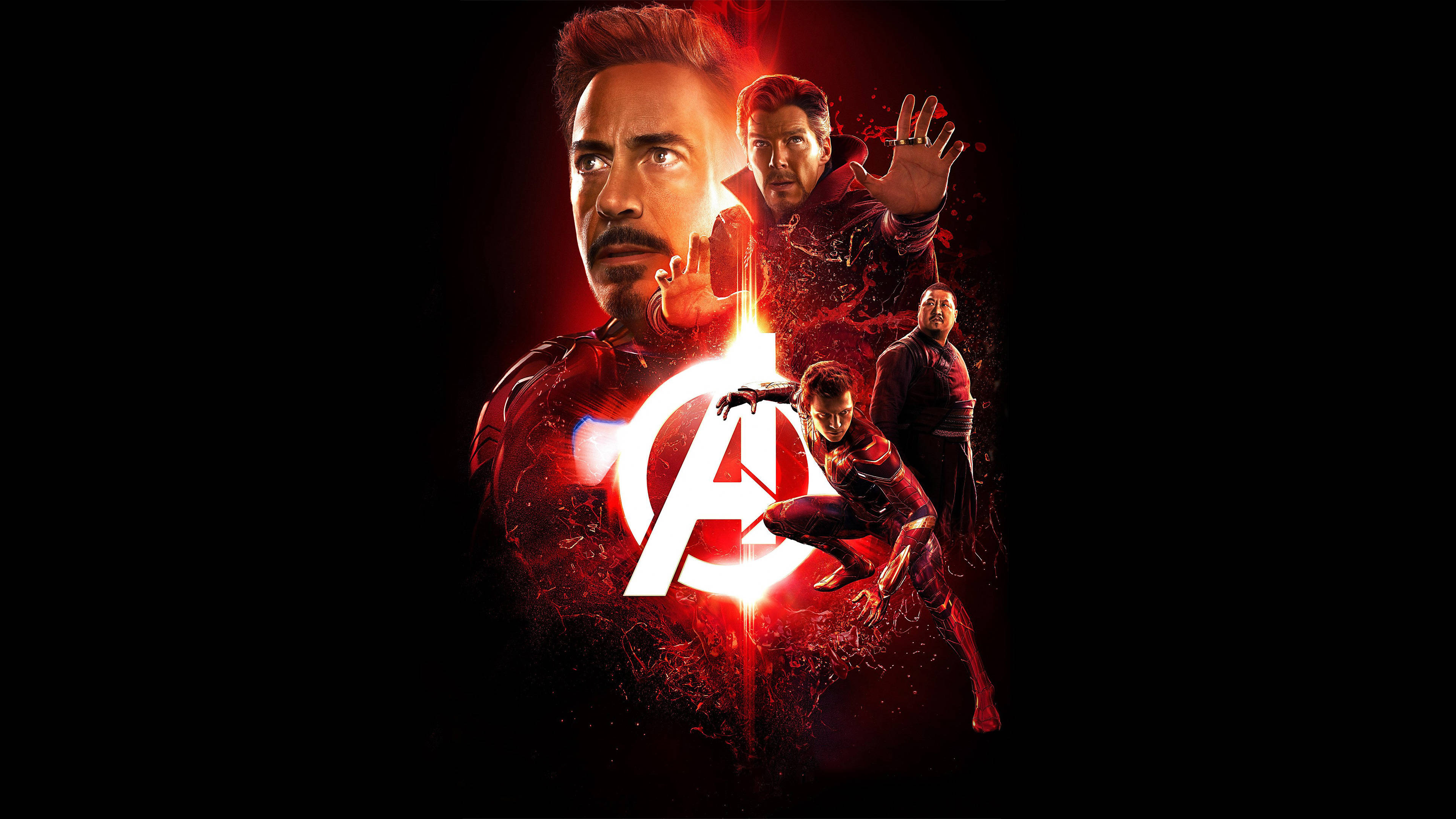 infinity 桌布 壁紙 — 復仇者聯盟角色在黑色背景上圍繞明亮的白色標誌發出紅色能量光芒。