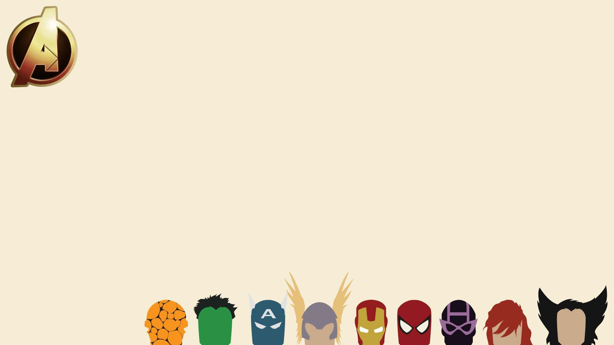 Marvel Aesthetic Laptop 桌布 壁紙 — 復仇者聯盟角色的極簡平面圖示排列在底部，團隊標誌在左上角，背景為米色。