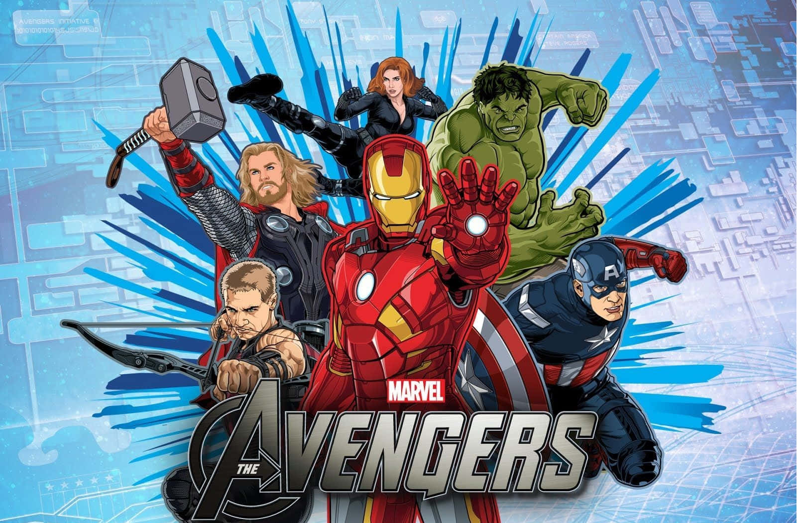 Earth's Mightiest Heroes 桌布 壁紙 — 復仇者聯盟超級英雄團隊在藍色數位城市背景下動態擺姿勢。