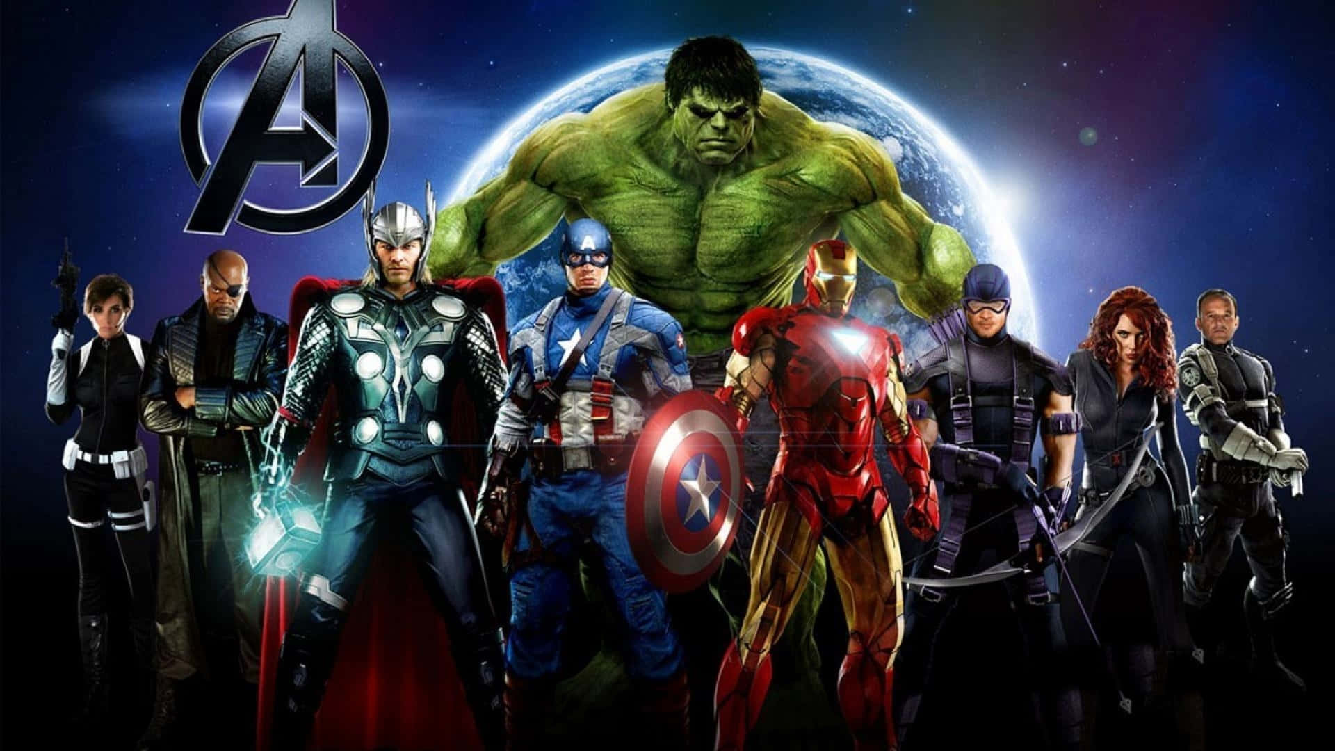 Marvel Movie 桌布 壁紙 — 復仇者聯盟超級英雄團隊英勇地站在宇宙背景下，地球在他們身後。