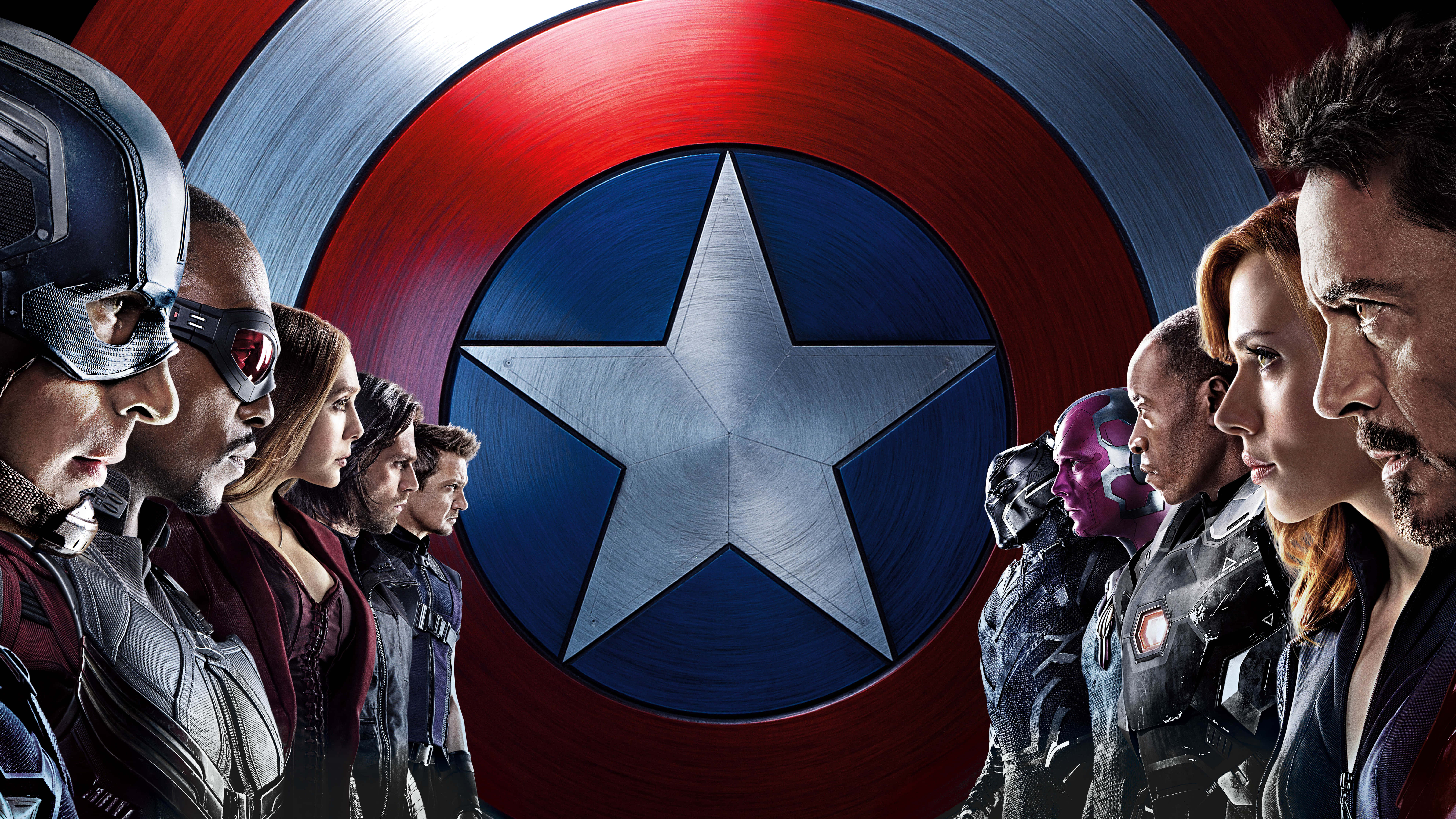 Captain America Cool 桌布 壁紙 — 復仇者聯盟陣容對峙，美國隊長的盾牌在他們身後發光，呈現英雄電影般的姿態。