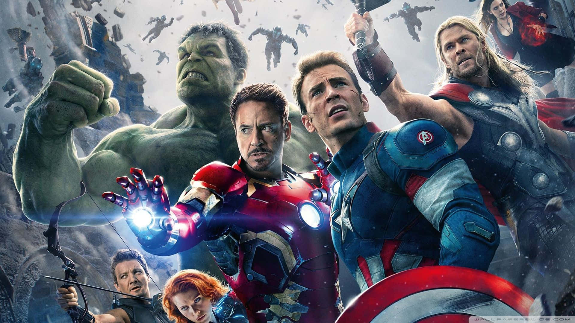 Avengers Movie 桌布 壁紙 — 復仇者聯盟集結，在史詩般的戰鬥中，由浩克、索爾、鋼鐵人和美國隊長帶領，對抗崩塌的城市景觀。
