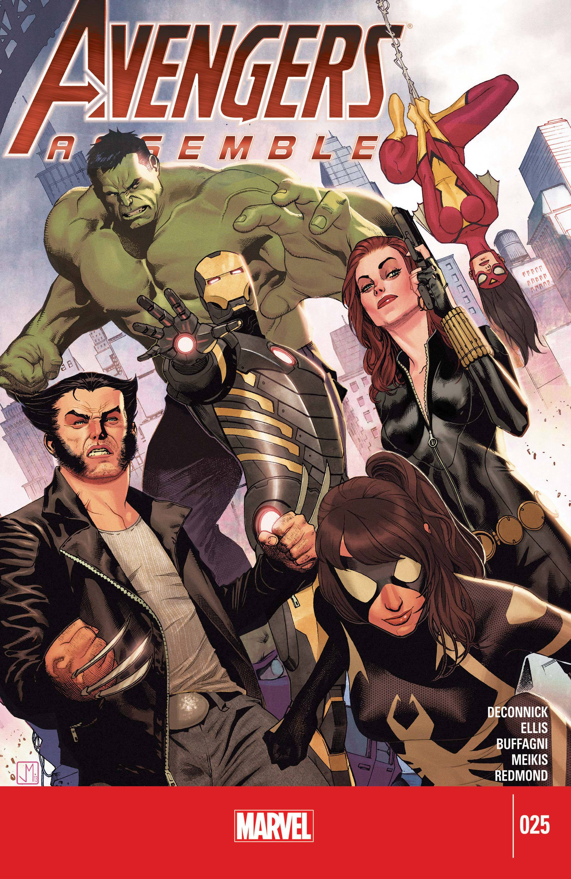 Assemble 桌布 壁紙 — 復仇者聯盟集結在一個動態漫畫書封面上， featuring Hulk、Iron Man、Black Widow 和 Wolverine，背景是城市天際線。