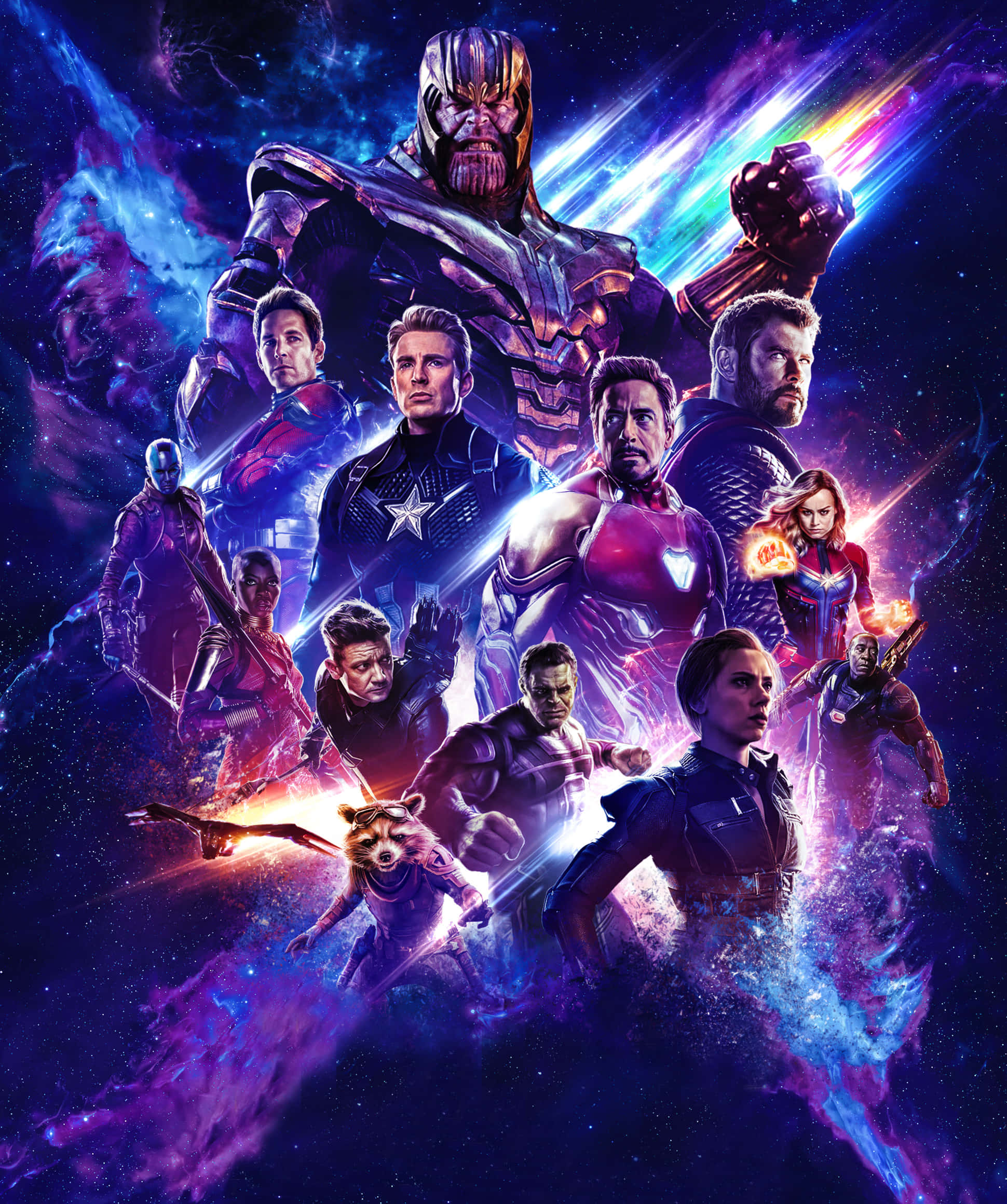Avengers Movie 桌布 壁紙 — 復仇者聯盟集結對抗薩諾斯，在充滿活力能量光束和星雲的宇宙戰鬥中。
