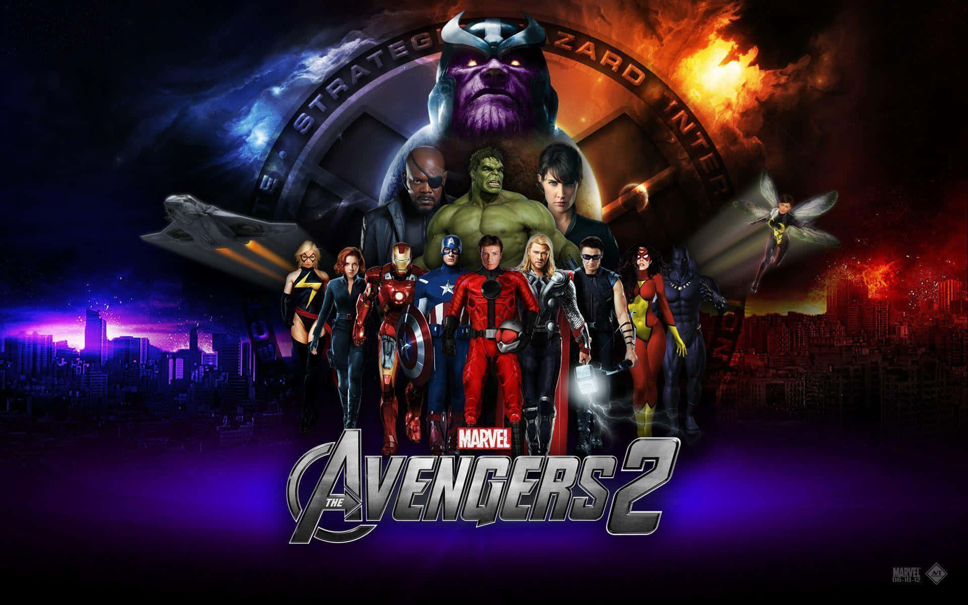 New Avengers 桌布 壁紙 — 復仇者聯盟集結對抗薩諾斯，在戲劇性的城市景觀中，伴隨著熾熱的爆炸和宇宙能量。