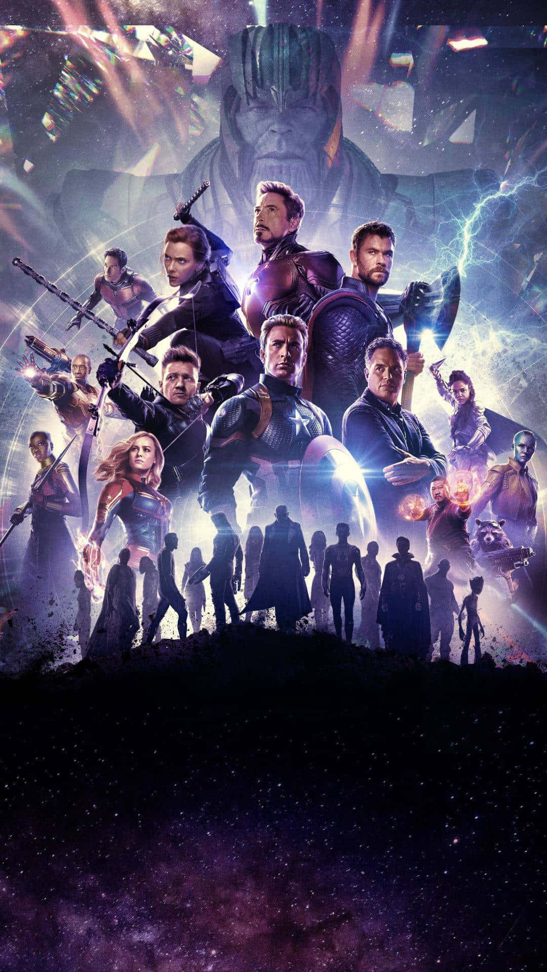 Avengers Endgame iPhone 桌布 壁紙 — 復仇者聯盟集結對抗薩諾斯，在閃電和星空宇宙背景下進行宇宙級戰鬥。