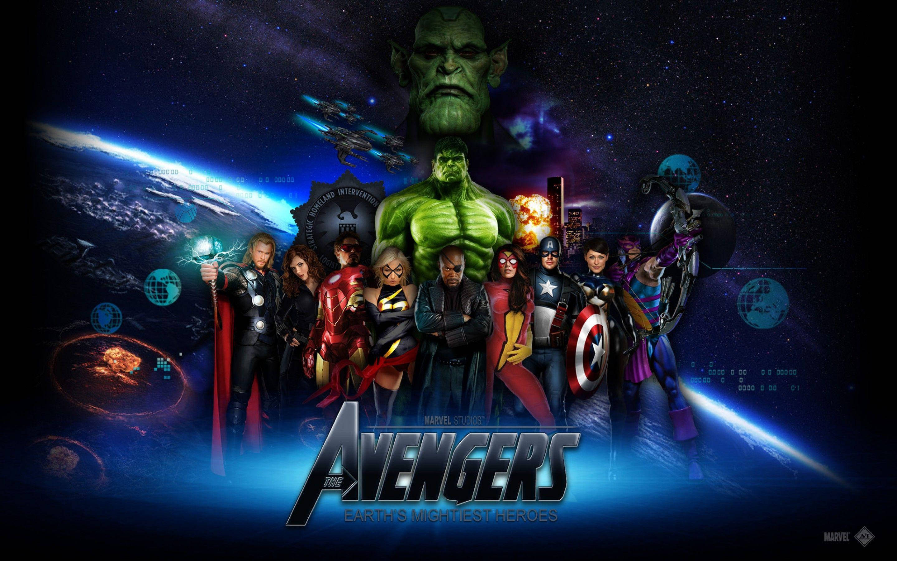 Marvel Avengers 桌布 壁紙 — 復仇者英雄們在地球和星空的背景下，堅定地面對宇宙威脅。