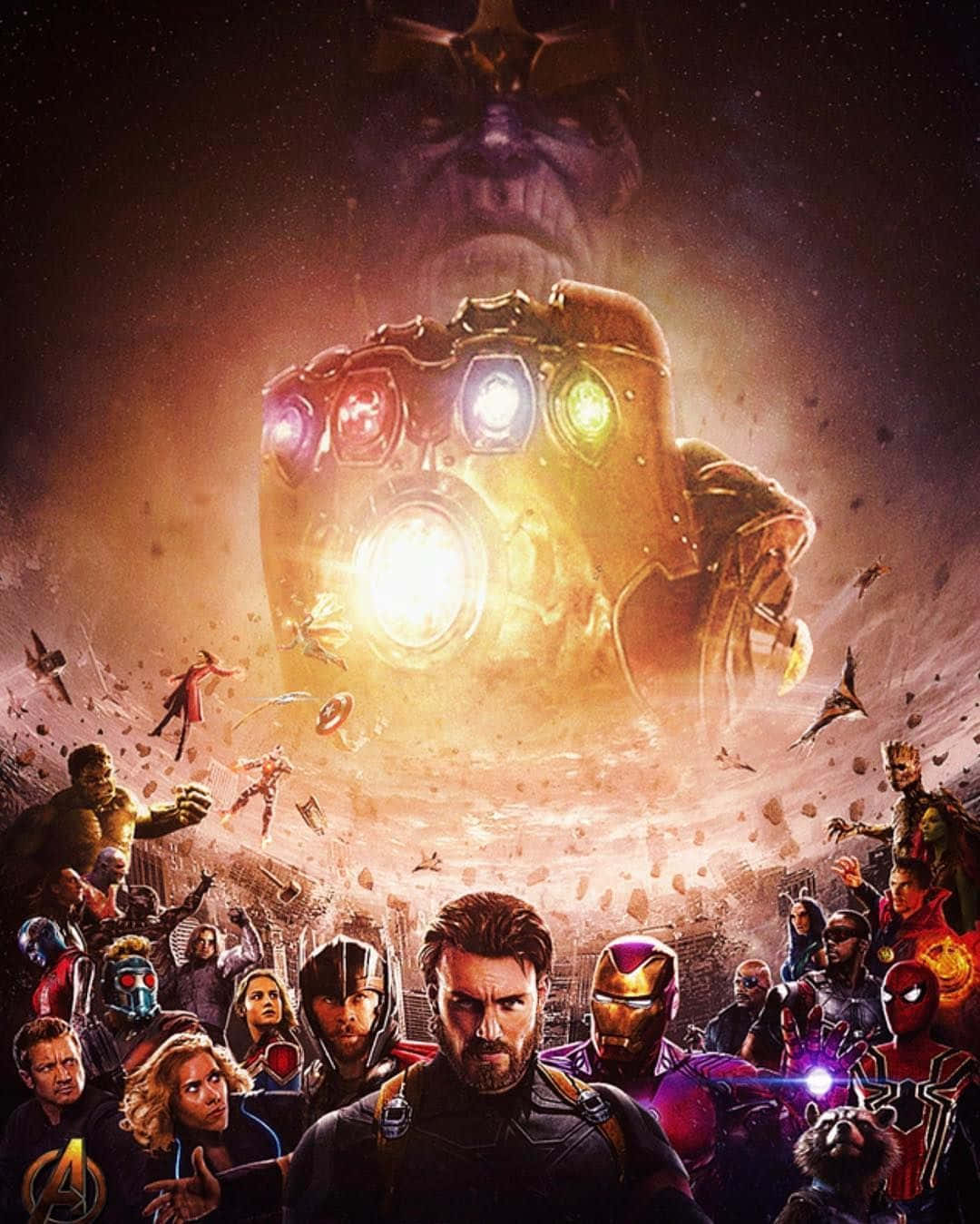 Thanos 桌布 壁紙 — 復仇者集結於宇宙大戰中對抗薩諾斯，他發光的無限手套主宰著爆炸性的星域。