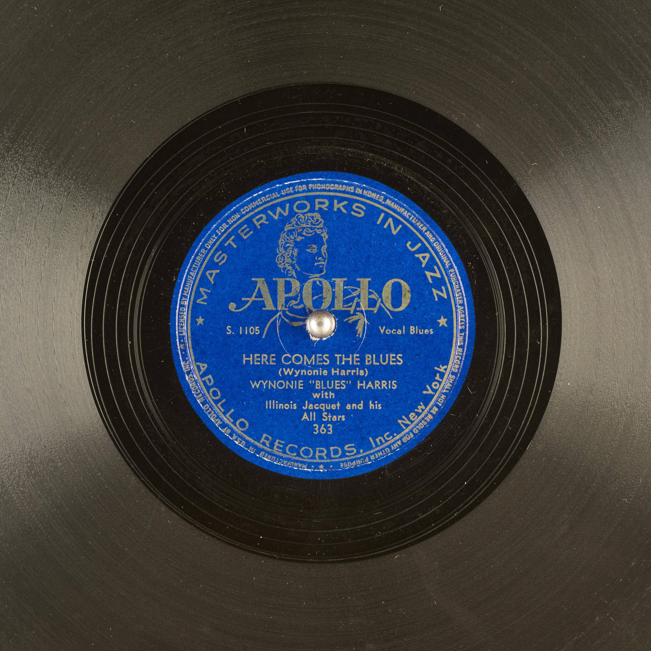 vinyl 桌布 壁紙 — 復古 Apollo Records 爵士黑膠唱片標籤特寫，藍色中心及金色文字。