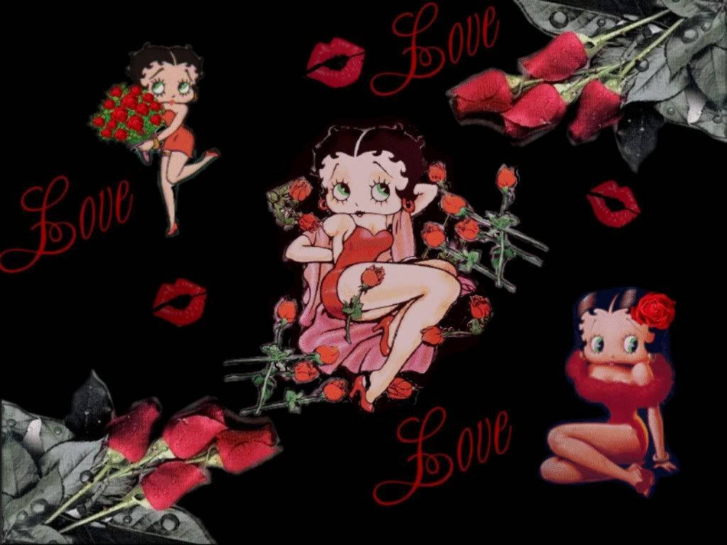 boop 桌布 壁紙 — 復古 Betty Boop 角色被紅玫瑰和嘴唇包圍，黑色背景上有「Love」字樣。