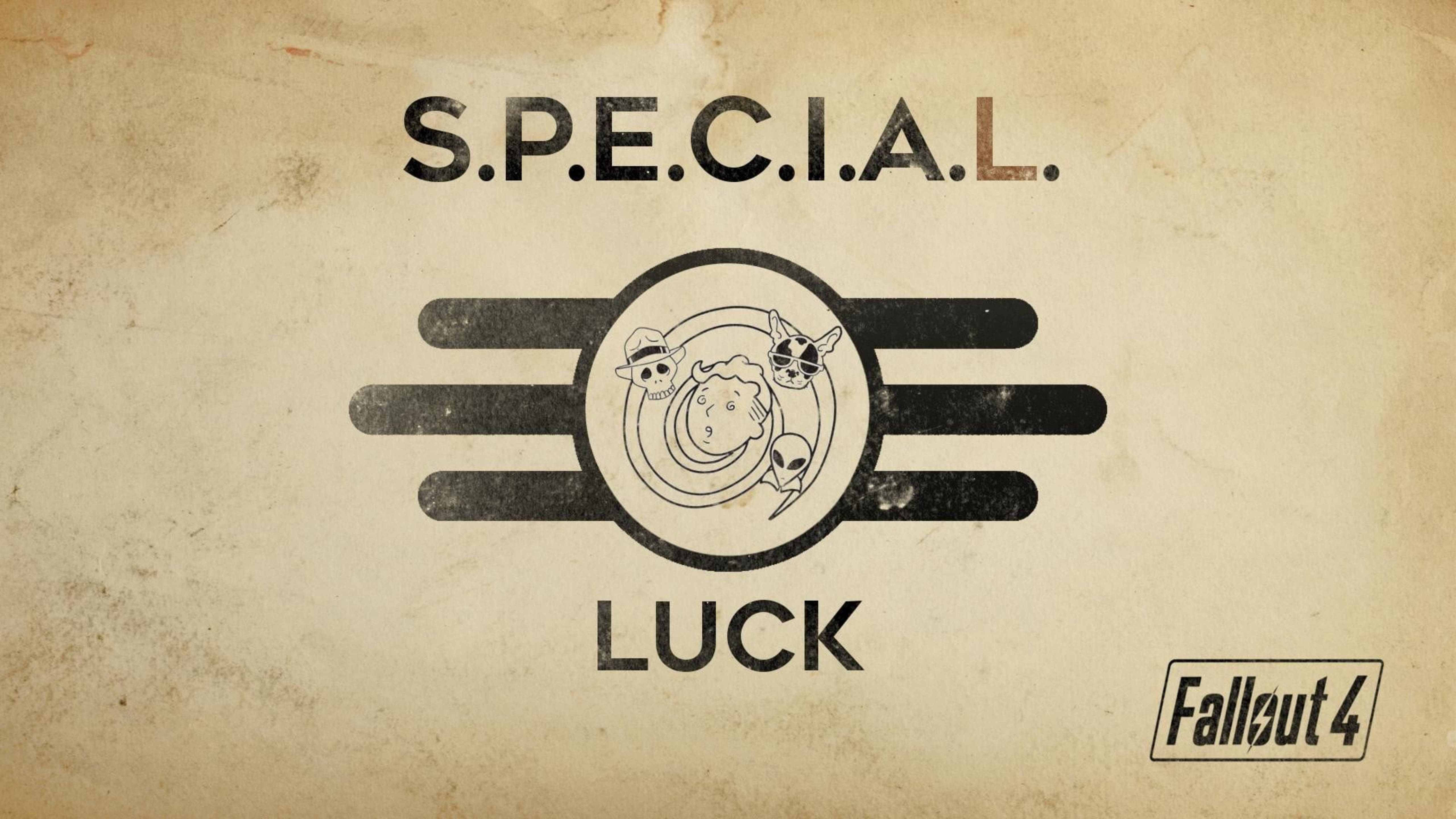 Fallout 4 桌布 壁紙 — 復古 Fallout 4 S.P.E.C.I.A.L. 運氣特長標誌，帶有骷髏、外星人和機器人面孔，印在陳舊羊皮紙上。