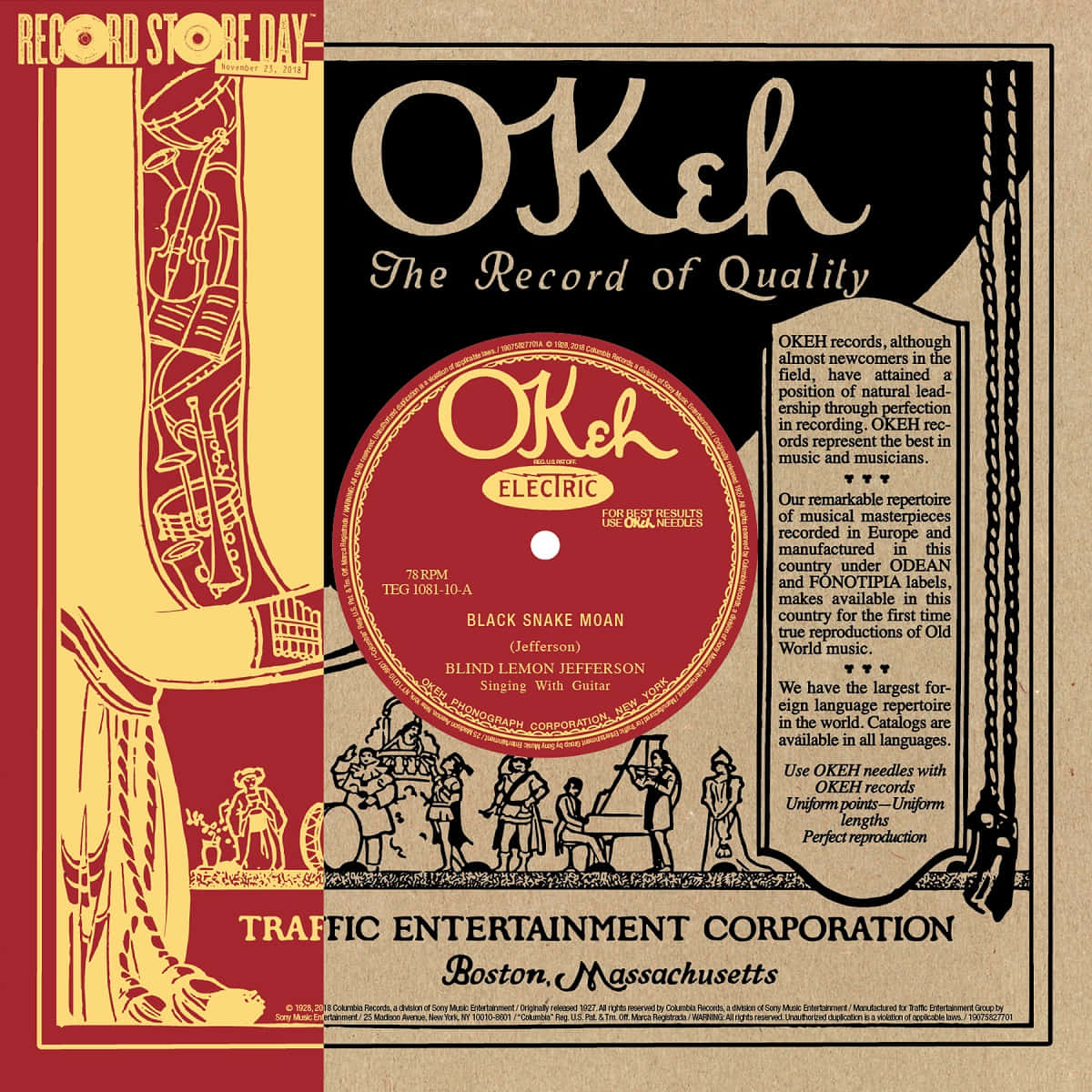 Vinyl Record 桌布 壁紙 — 復古 Okeh 唱片標籤海報，以粗體字型和華麗插圖宣傳 Blind Lemon Jefferson 的《Black Snake Moan》。