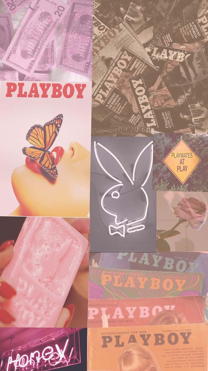 2000s 桌布 壁紙 — 復古《Playboy》雜誌封面、金錢和嘴唇上的蝴蝶的拼貼畫，帶有粉紅色和紫色濾鏡。