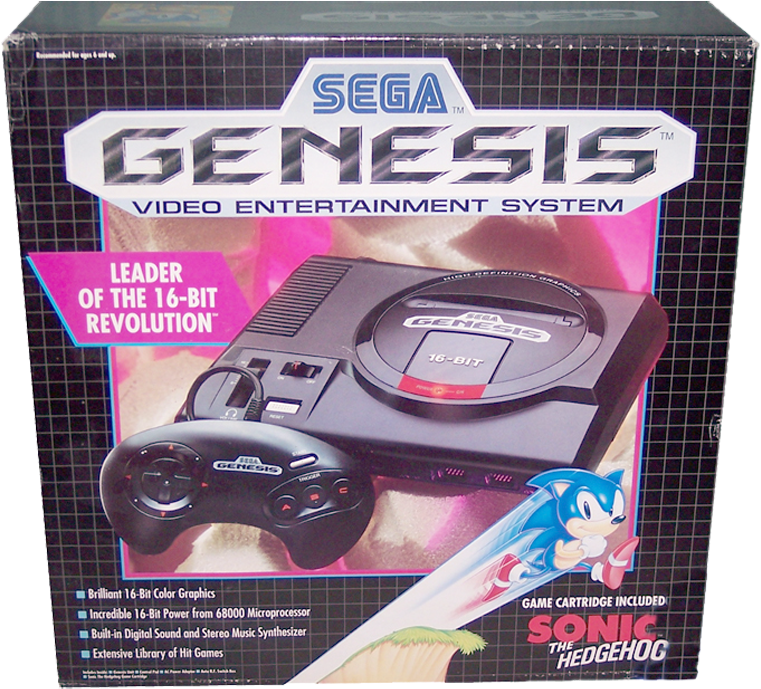 索尼克 桌布 壁紙 — 復古 Sega Genesis 主機盒，帶有音速小子和控制器，背景為網格，帶有粉紅色和黑色點綴。