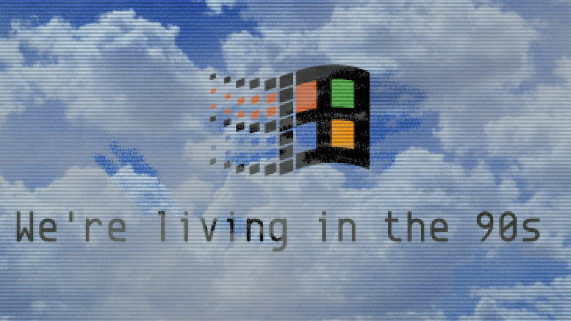 90s Aesthetic Laptop 桌布 壁紙 — 復古 Windows 95 標誌在陰雲密布的天空中漂浮，懷舊文字宣告我們生活在 90 年代。