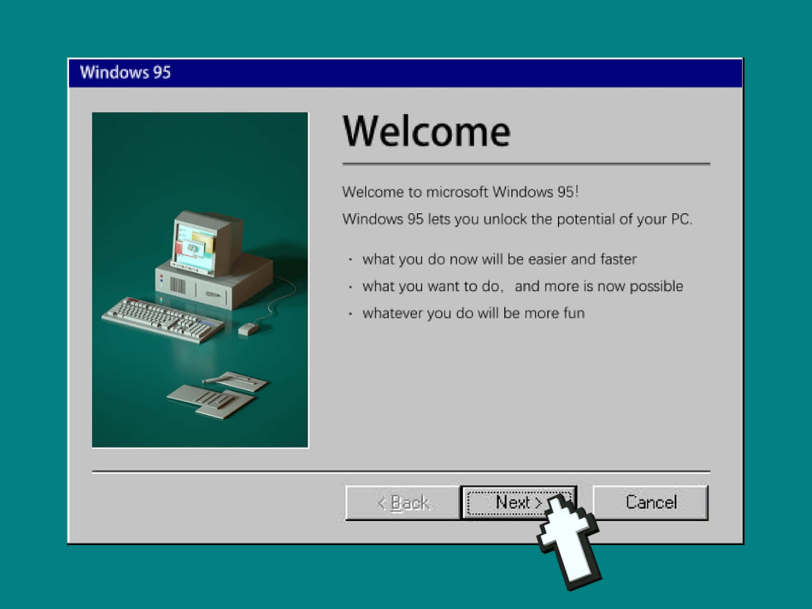 Windows 95 動態圖 桌布 壁紙 — 復古 Windows 95 歡迎畫面，帶有 3D 渲染的桌上型電腦，背景為青綠色。