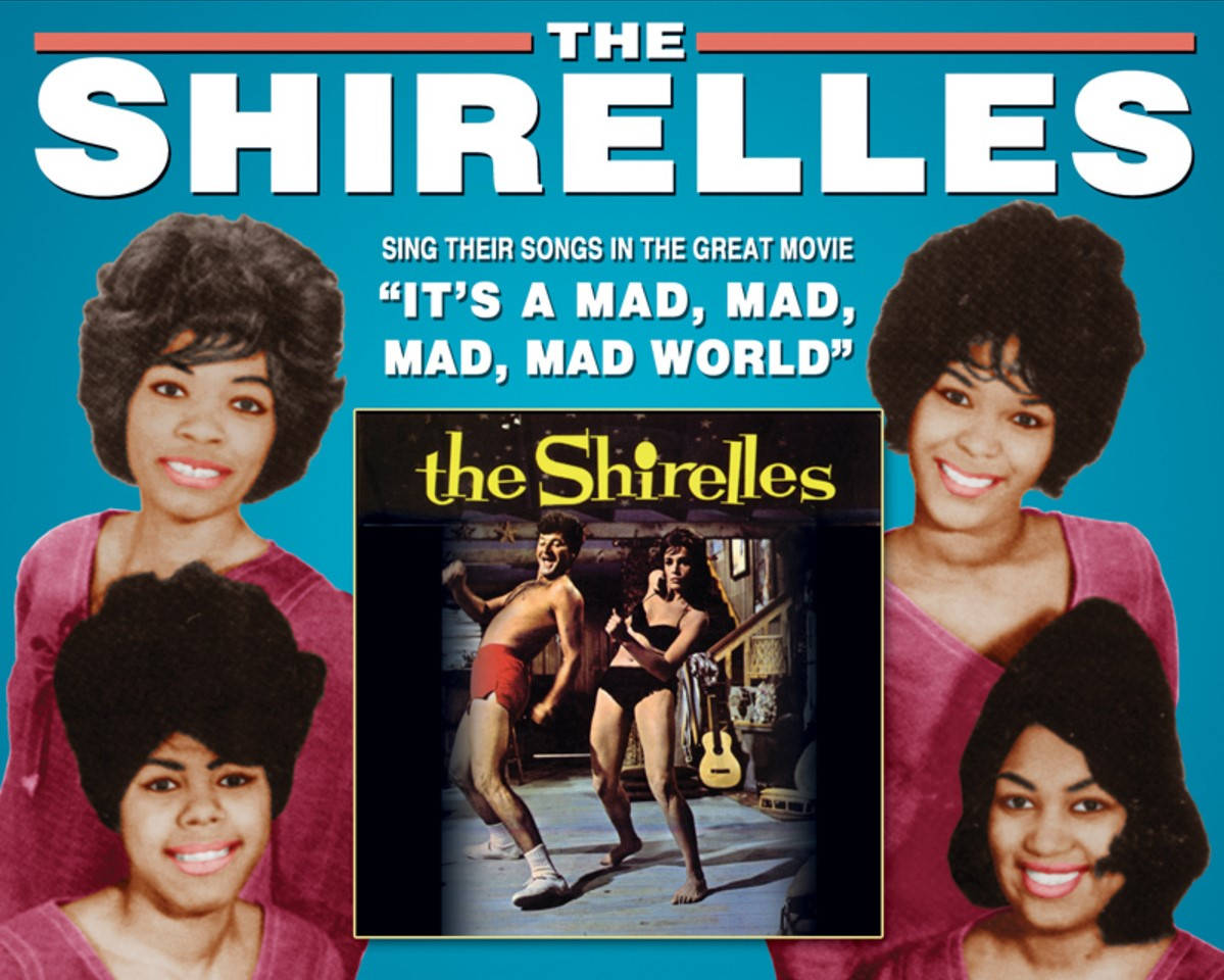 Album Cover 桌布 壁紙 — 復古1960年代專輯封面， featuring The Shirelles 穿著粉紅色上衣，背景為藍綠色，並嵌入電影劇照。