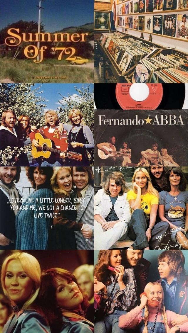 阿巴 桌布 壁紙 — 復古1970年代音樂拼貼， featuring ABBA、唱片行貨架和復古專輯藝術，在溫暖的金色光線下。