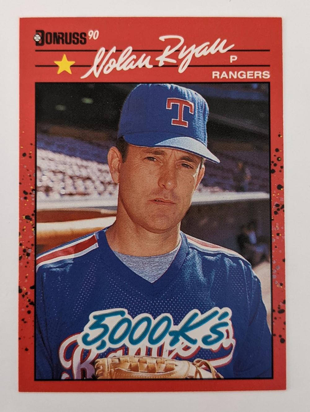 Nolan Ryan 桌布 壁紙 — 復古1990年Donruss棒球卡， featuring Nolan Ryan 身穿德州遊騎兵隊制服，球衣上印有「5,000 K's」字樣。