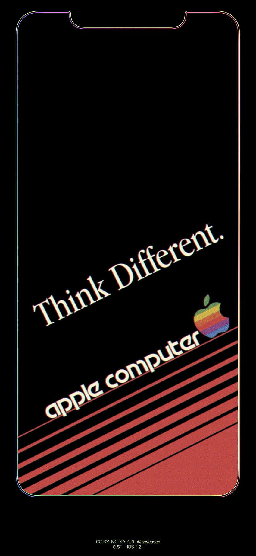 蘋果 桌布 壁紙 — 復古Apple「Think Different」廣告，帶有彩虹標誌和紅色條紋，黑色背景。