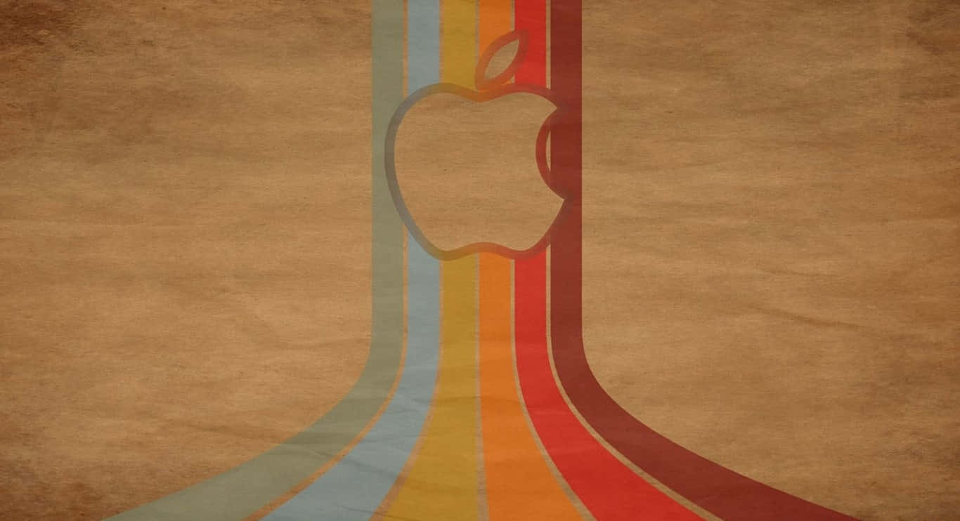 美學桌面動畫 桌布 壁紙 — 復古Apple標誌居中於有紋理的棕色背景上，帶有流動的復古彩虹條紋。
