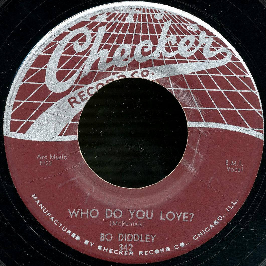 Album Cover 桌布 壁紙 — 復古Checker Records黑膠唱片標籤，紅銀格紋設計，顯示歌曲名稱和藝術家Bo Diddley。