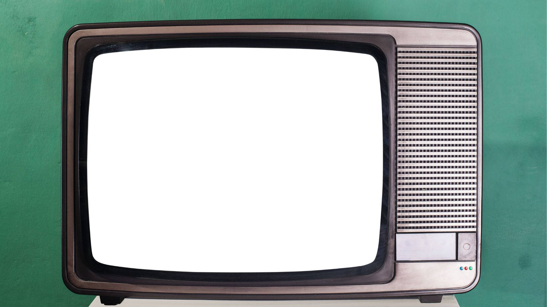 tv 桌布 壁紙 — 復古CRT電視機，空白白色螢幕居中，靠著紋理綠色牆壁。