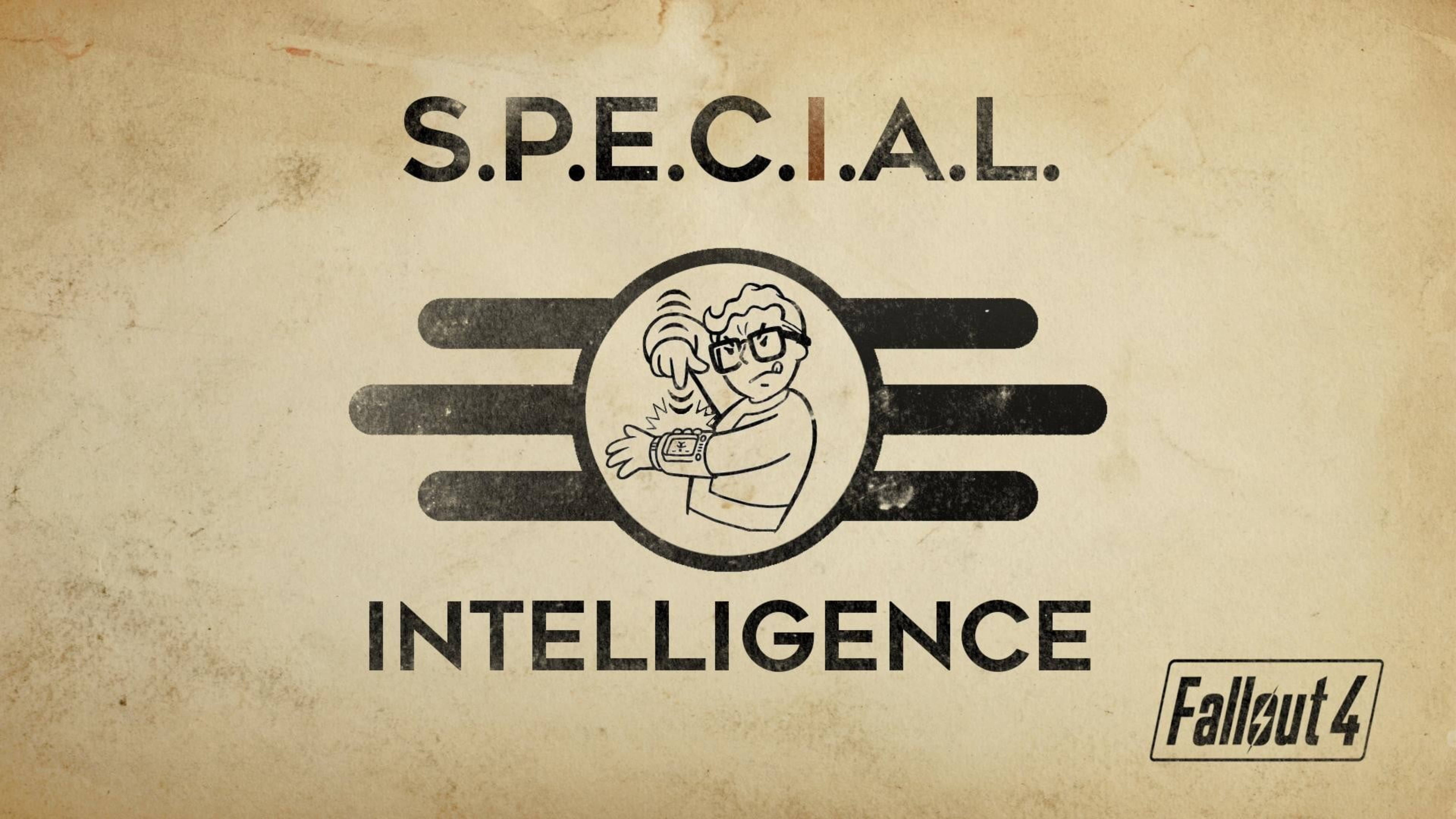 Fallout 4 桌布 壁紙 — 復古Fallout 4 S.P.E.C.I.A.L. Intelligence標誌，帶有卡通科學家圖案，印在舊羊皮紙上。