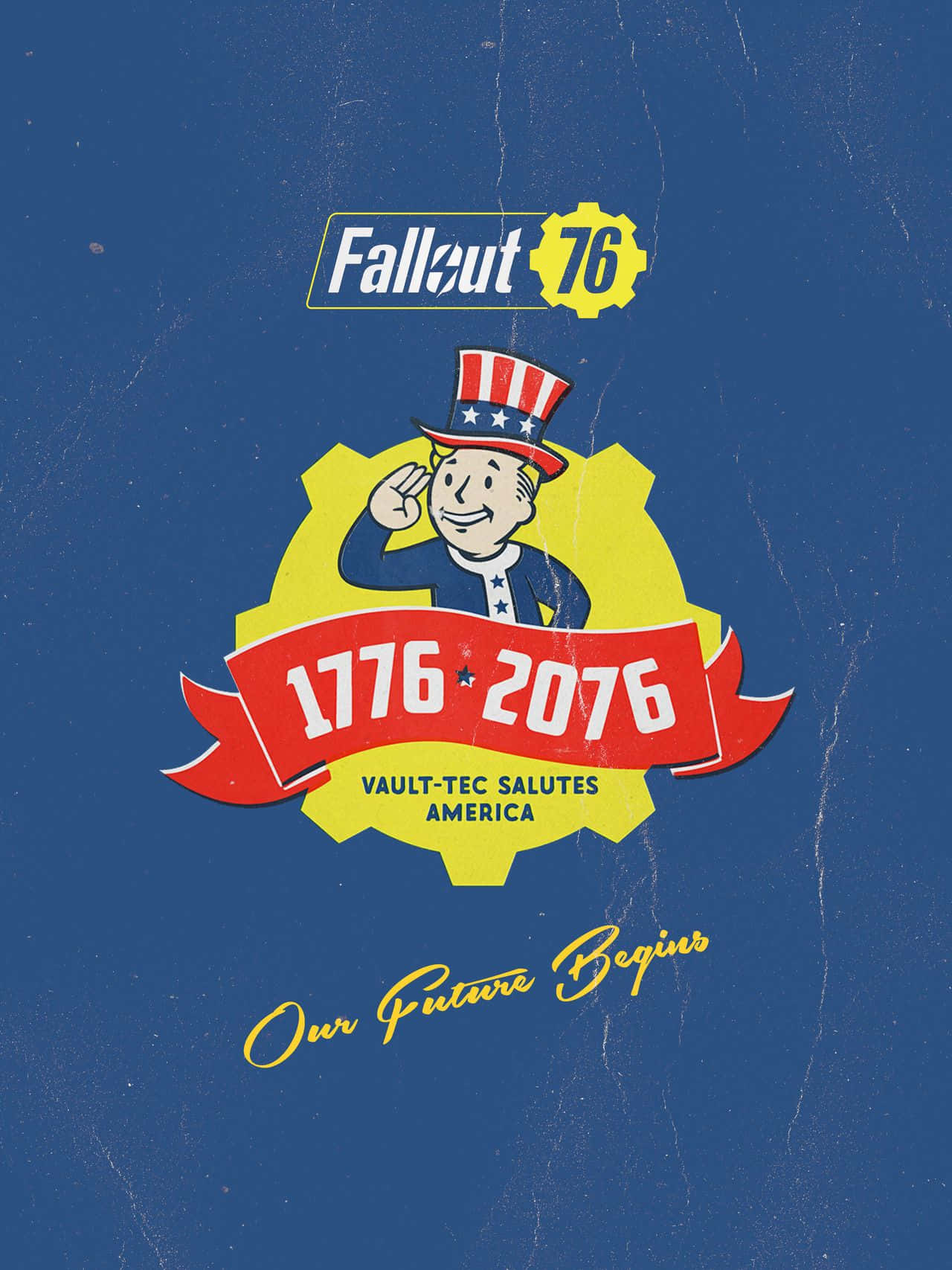 異塵餘生76 桌布 壁紙 — 復古Fallout 76標誌，微笑的Vault Boy在紋理藍色背景上敬禮。