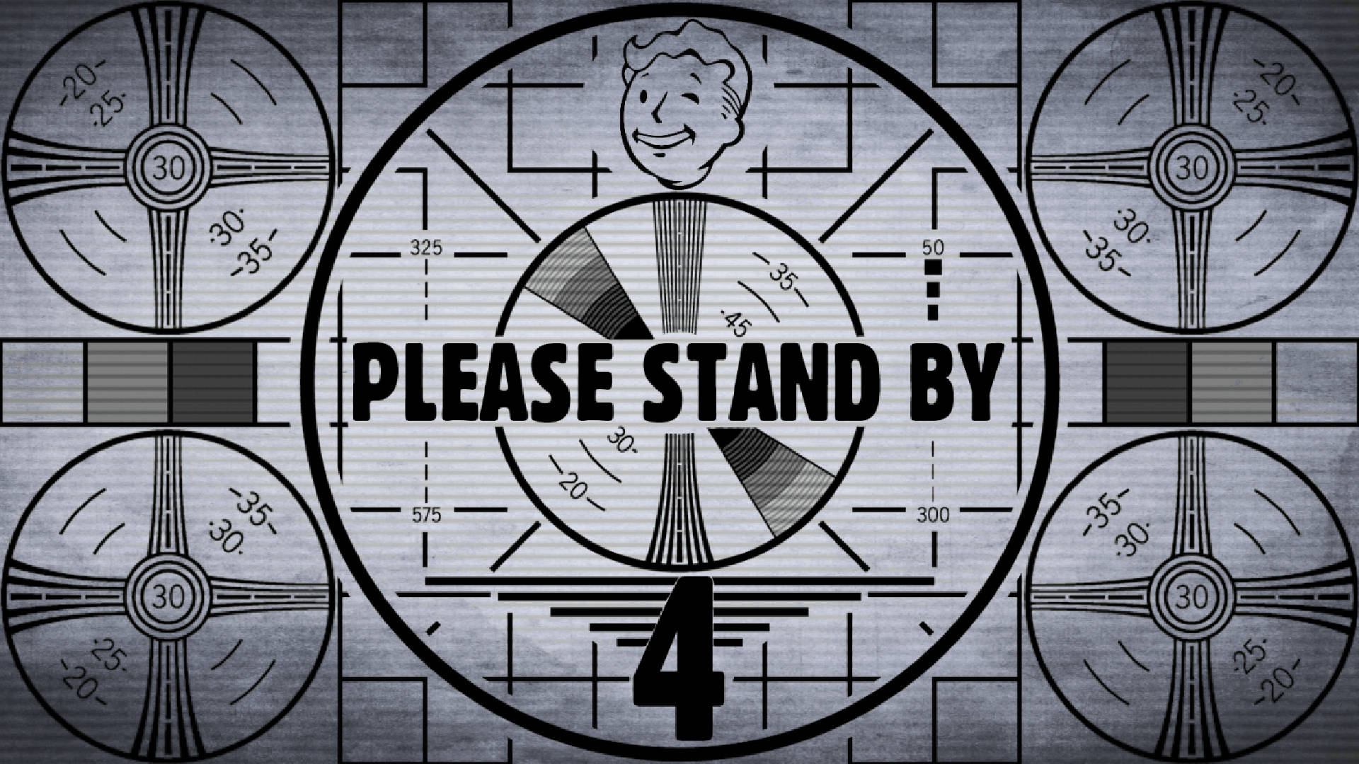 please 桌布 壁紙 — 復古Fallout風格的「Please Stand By」倒數畫面，有微笑的Vault Boy和類比錶盤，背景是帶紋理的灰色。