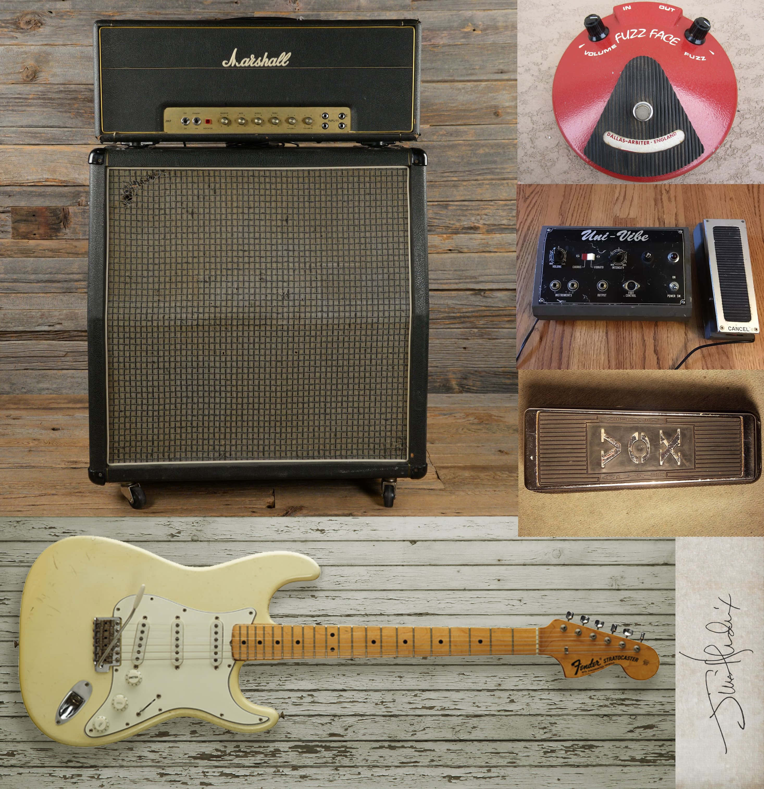 Marshall 桌布 壁紙 — 復古Fender Stratocaster吉他與Marshall音箱及fuzz效果器，擺放在鄉村風木板上。