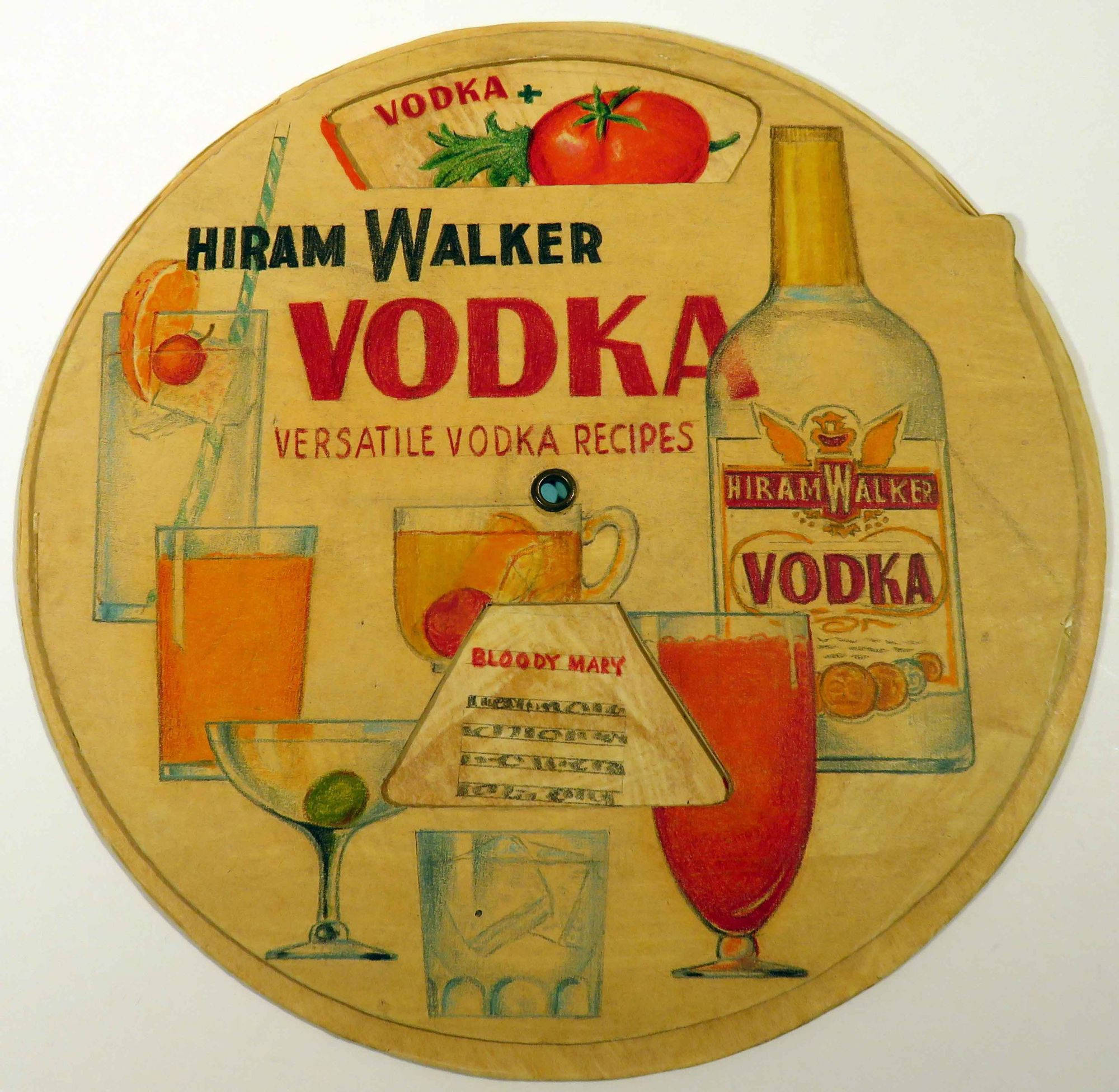 alcohol 桌布 壁紙 — 復古Hiram Walker伏特加廣告，在舊紙上展示各式雞尾酒和一瓶酒。