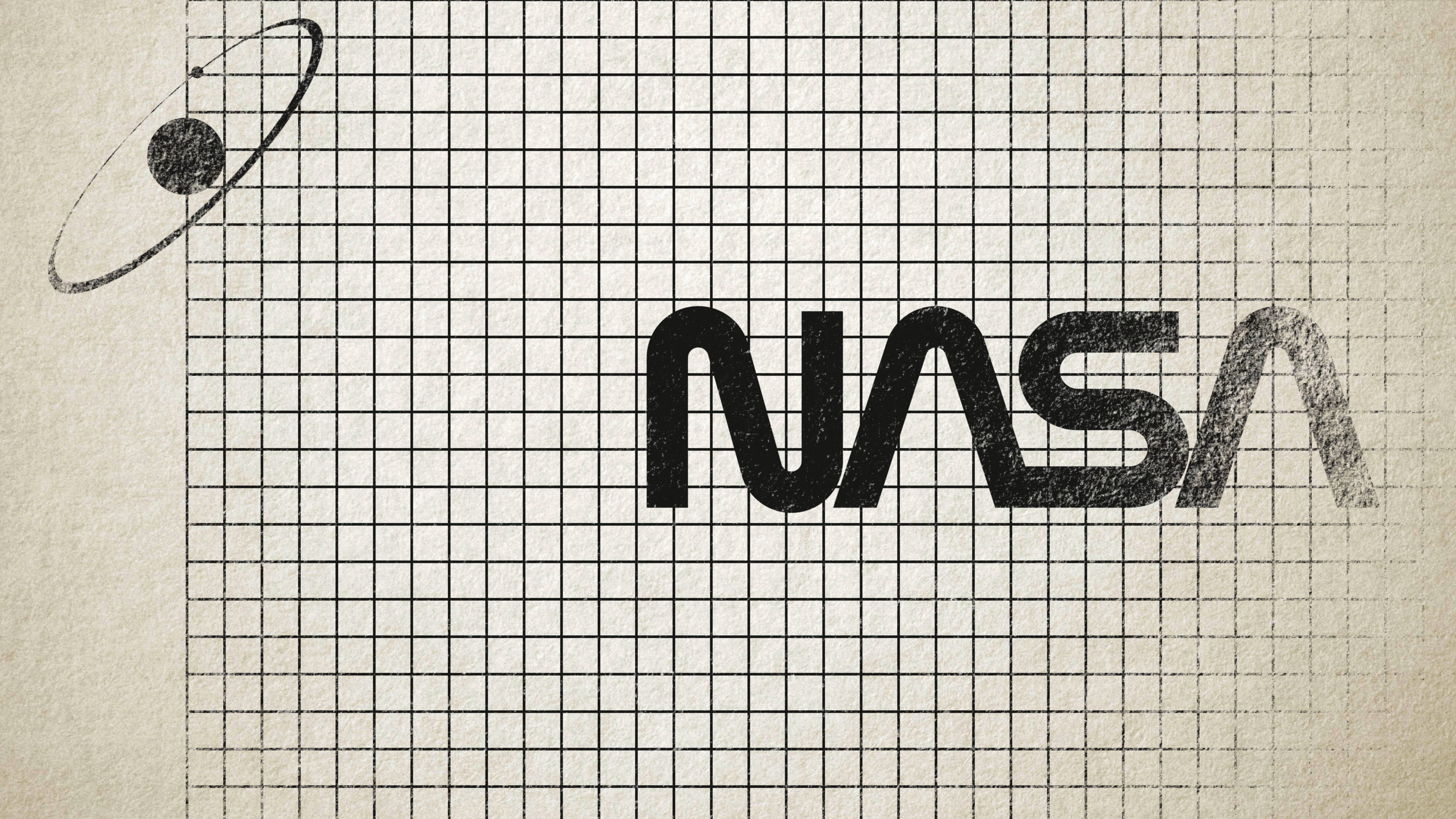nasa 美學 桌布 壁紙 — 復古NASA標誌以粗糙黑色墨水呈現在帶有紋理的方格紙上，並附有手繪軌道草圖。