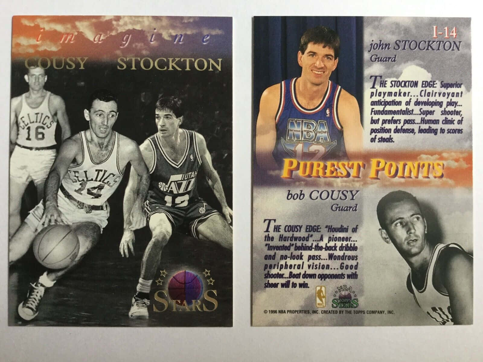 professional 桌布 壁紙 — 復古NBA球星卡，展示籃球傳奇人物John Stockton和Bob Cousy的動作姿勢，附有球隊球衣和統計數據。